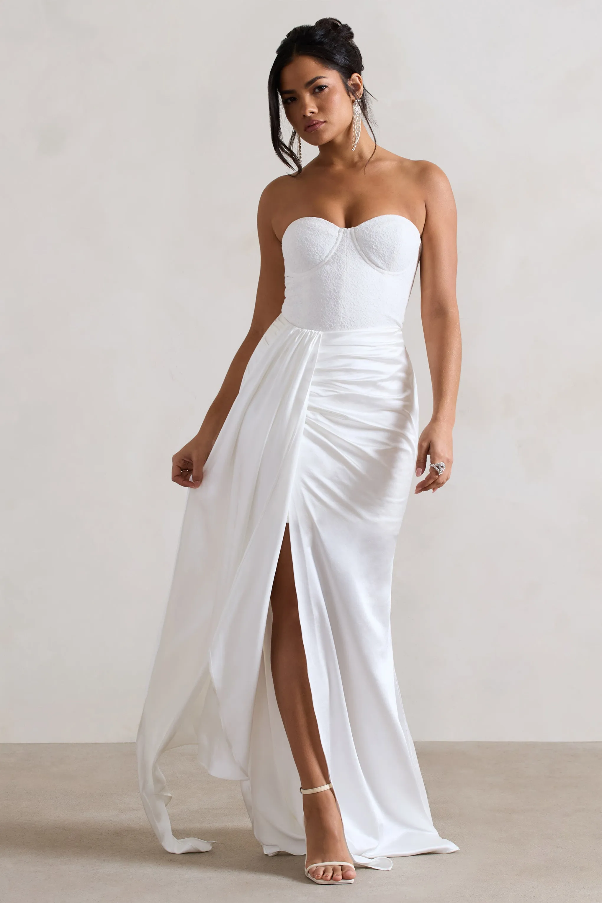 Valencia | Cream Lace Corset Maxi Dress With Detachable Skirt Club L London