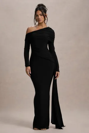 Valina | Black Ruched Asymmetric Maxi Dress With Drape Club L London
