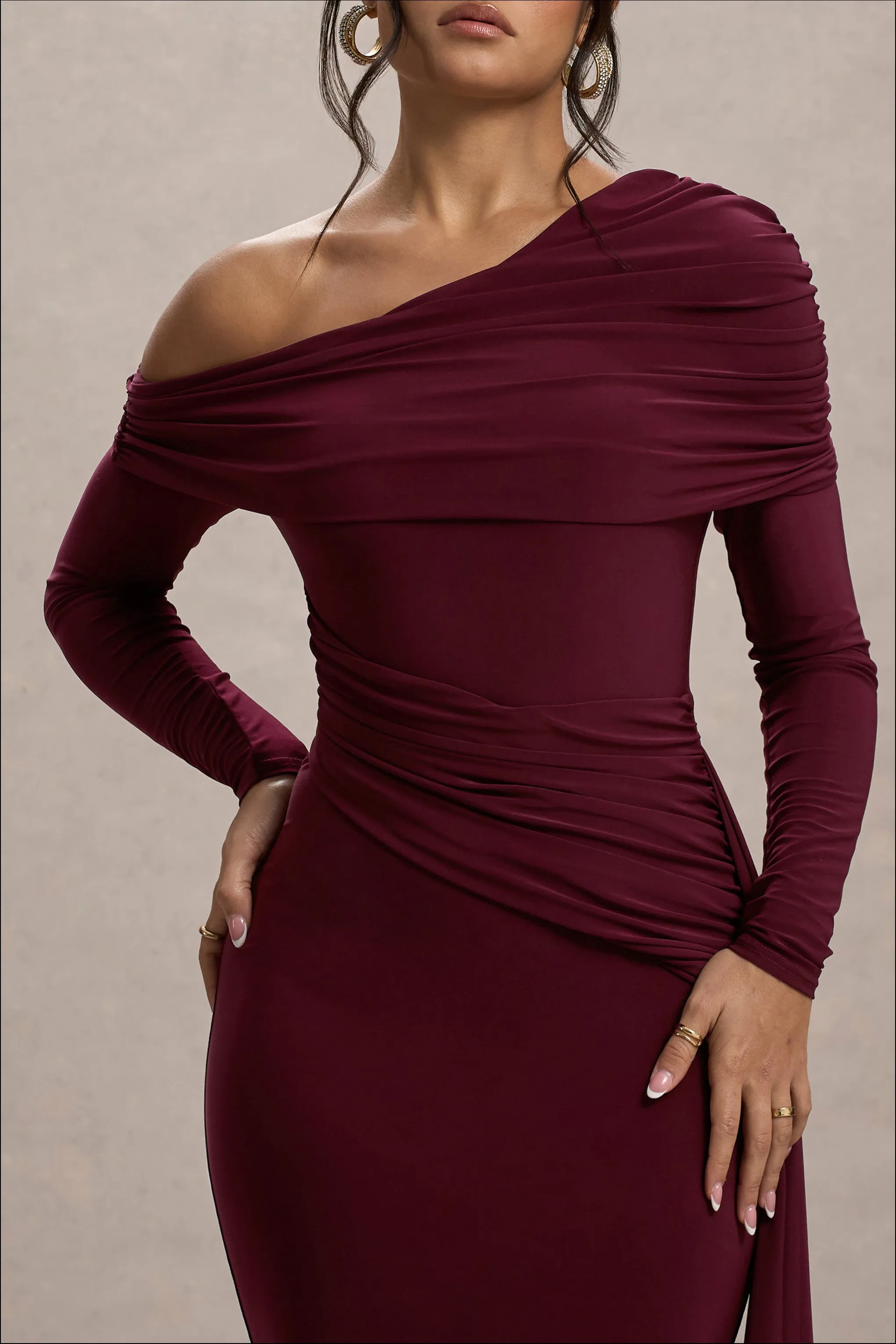 Valina | Burgundy Ruched Asymmetric Maxi Dress With Drape Club L London