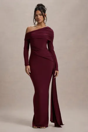 Valina | Burgundy Ruched Asymmetric Maxi Dress With Drape Club L London