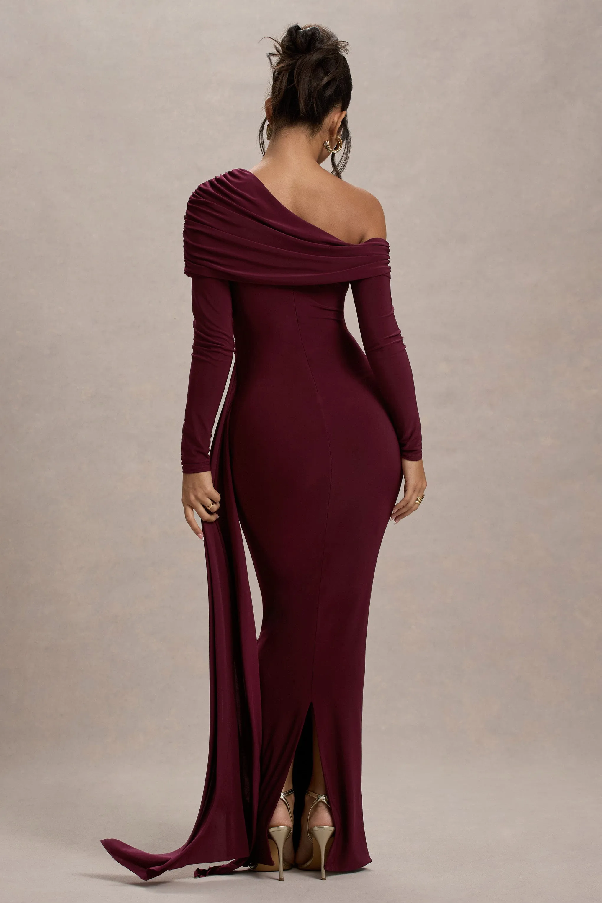 Valina | Burgundy Ruched Asymmetric Maxi Dress With Drape Club L London
