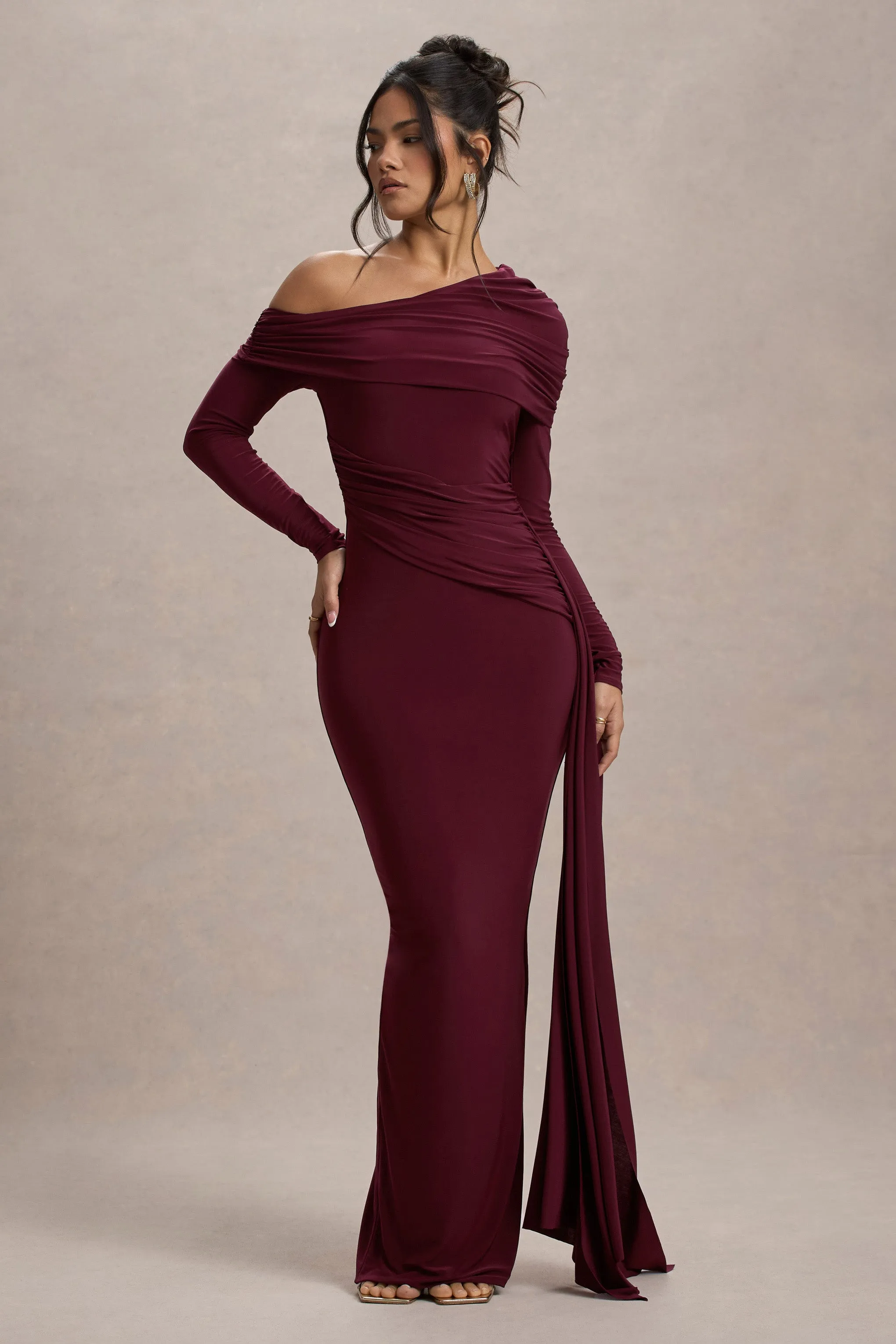 Valina | Burgundy Ruched Asymmetric Maxi Dress With Drape Club L London