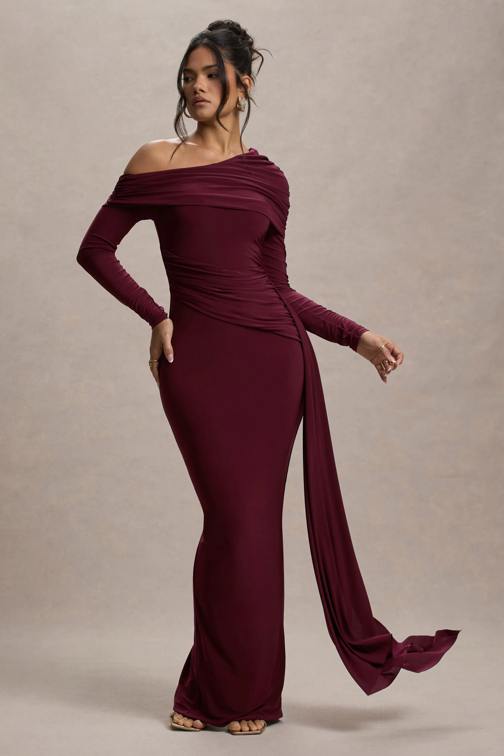 Valina | Burgundy Ruched Asymmetric Maxi Dress With Drape Club L London