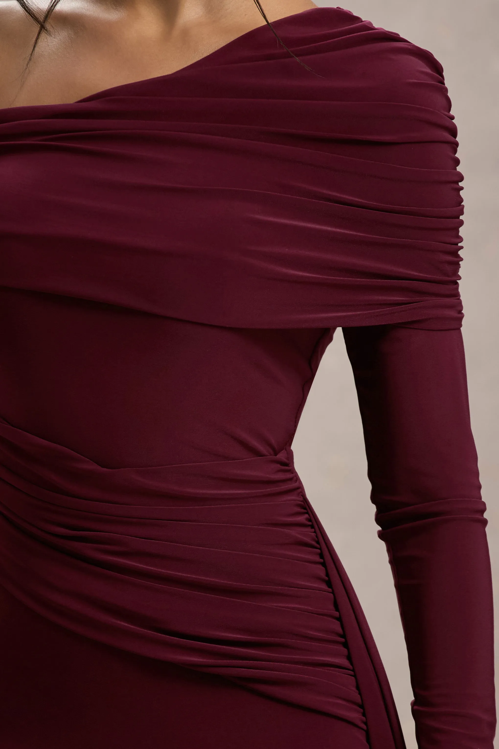 Valina | Burgundy Ruched Asymmetric Maxi Dress With Drape Club L London