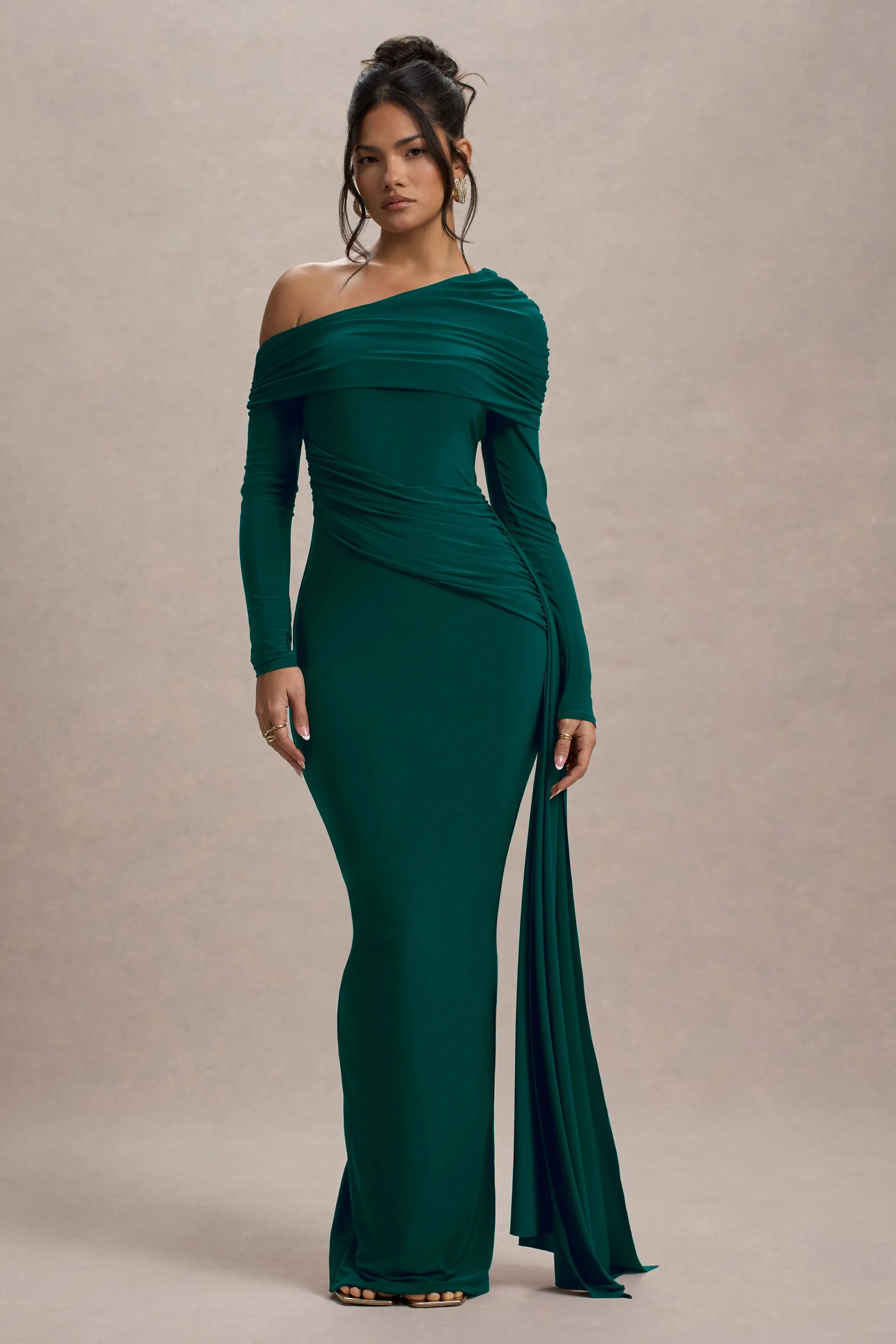 Valina | Green Ruched Asymmetric Maxi Dress With Drape Club L London