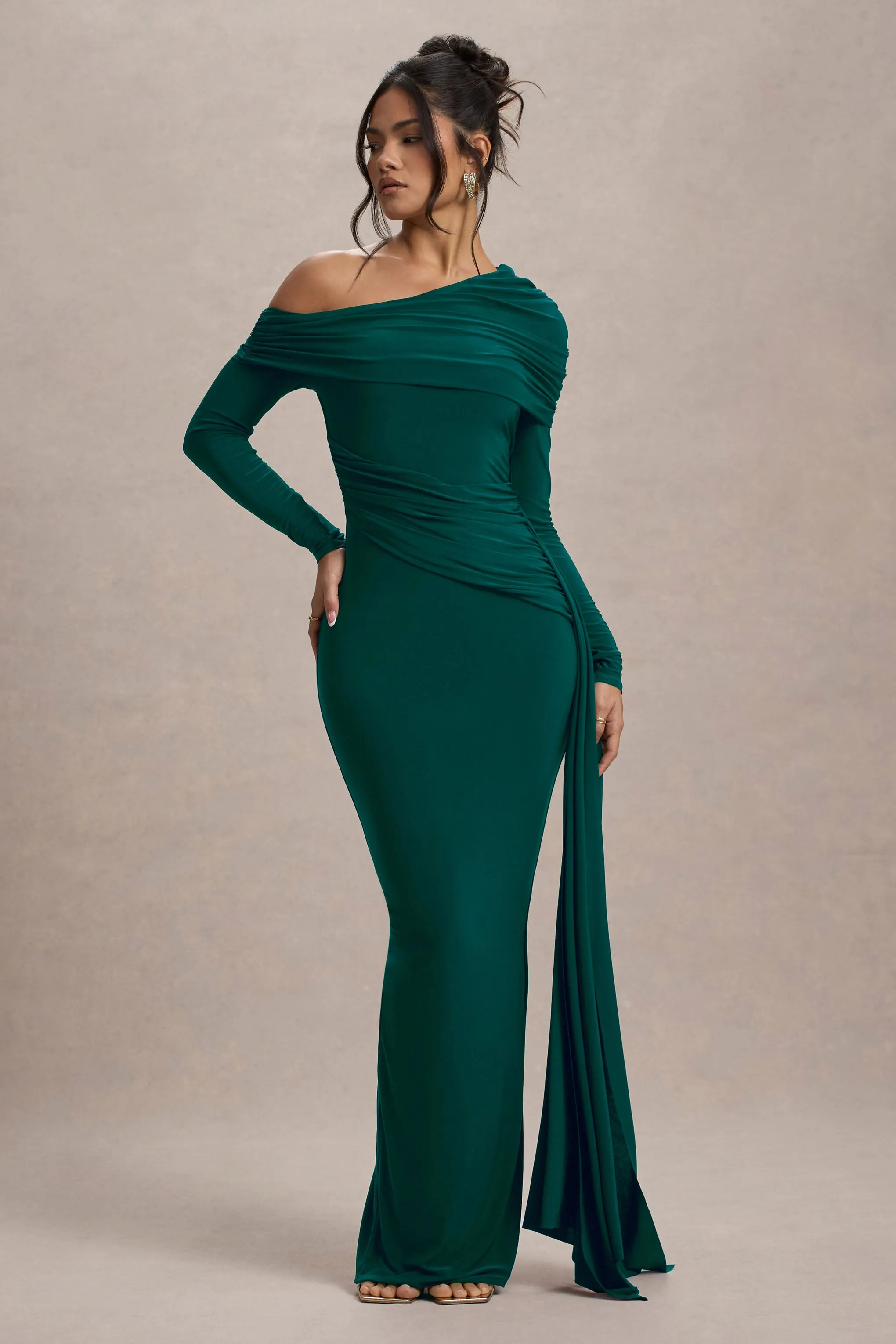 Valina | Green Ruched Asymmetric Maxi Dress With Drape Club L London
