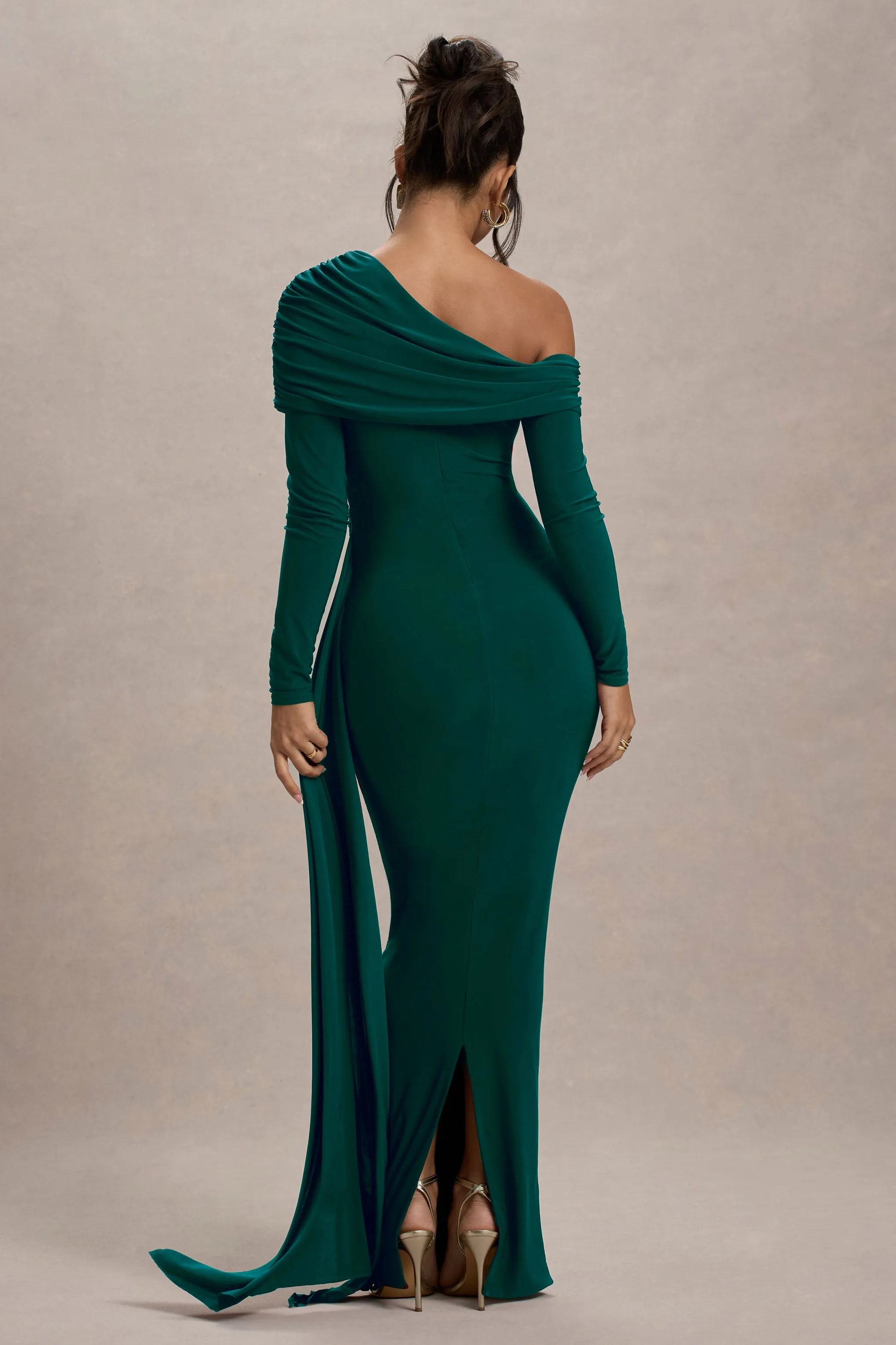 Valina | Green Ruched Asymmetric Maxi Dress With Drape Club L London