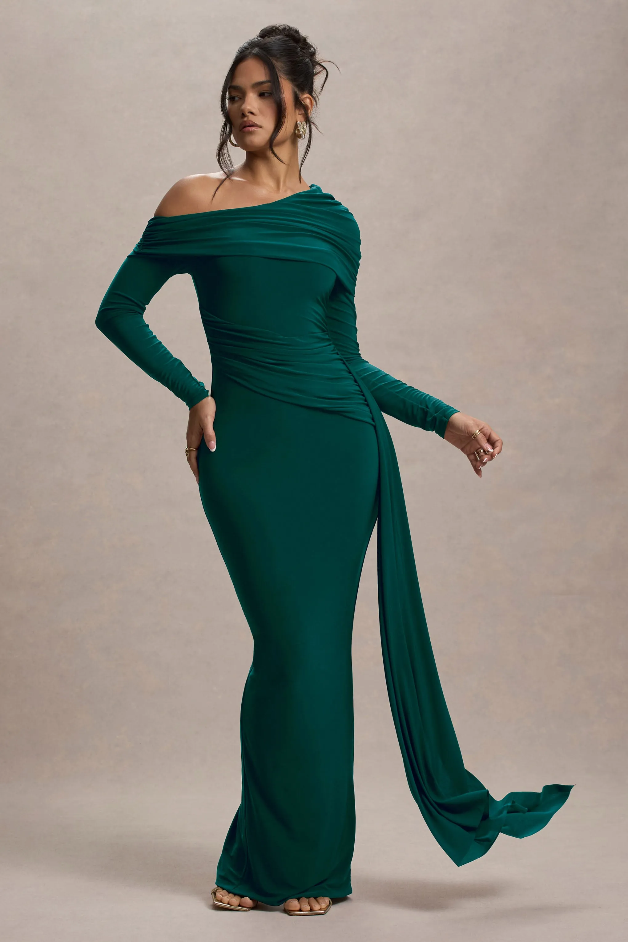 Valina | Green Ruched Asymmetric Maxi Dress With Drape Club L London