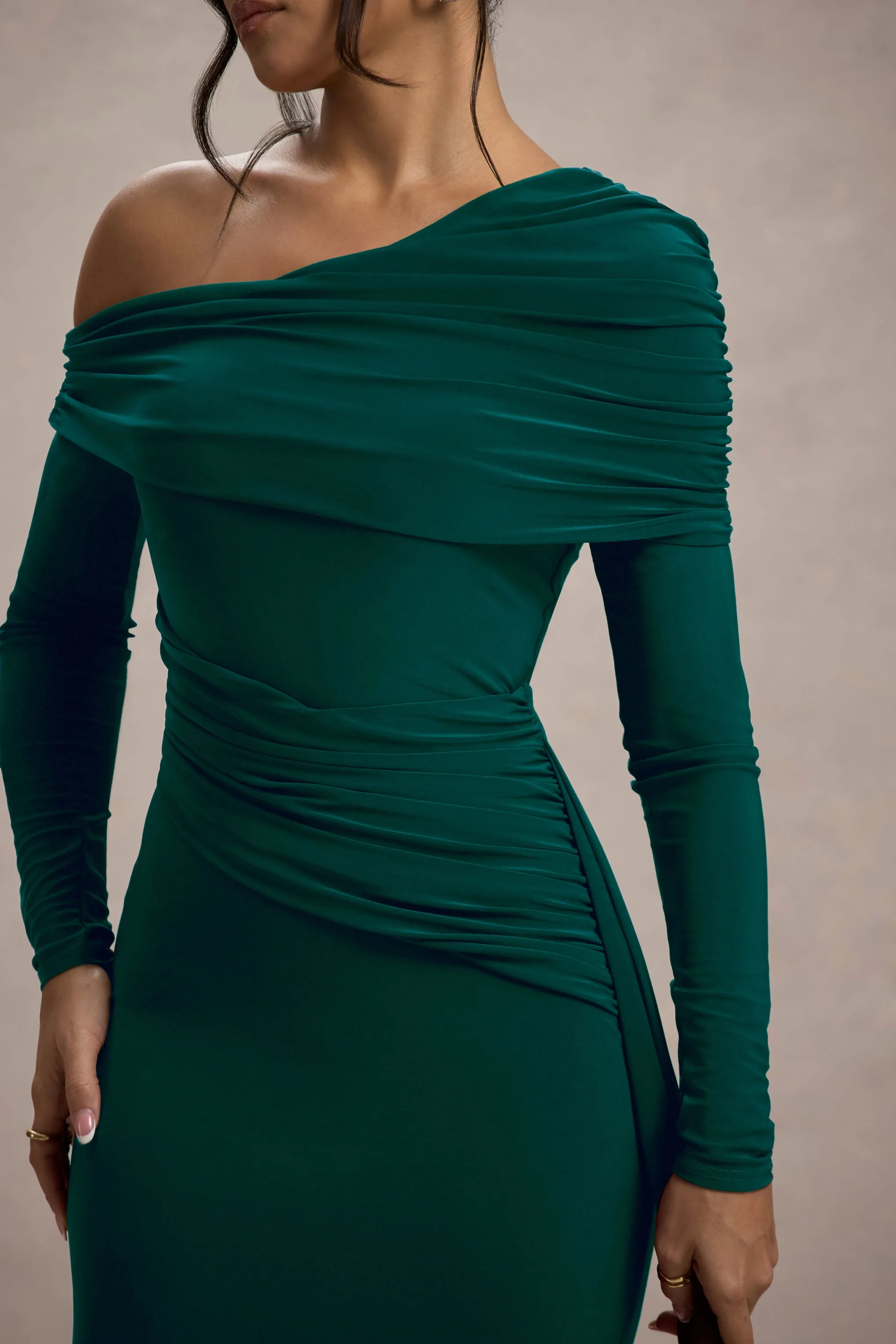 Valina | Green Ruched Asymmetric Maxi Dress With Drape Club L London