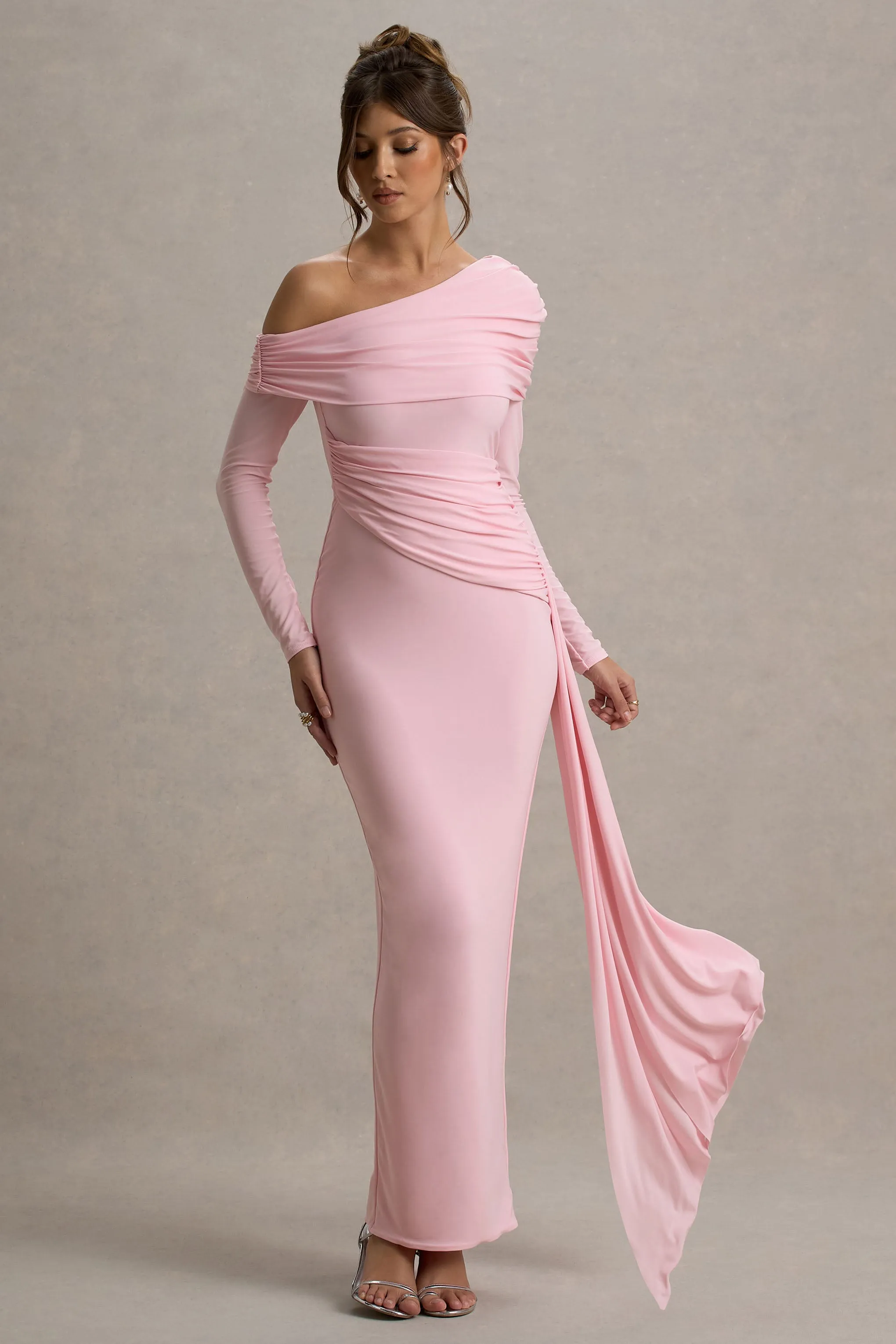 Valina | Pink Ruched Asymmetric Maxi Dress With Drape Club L London