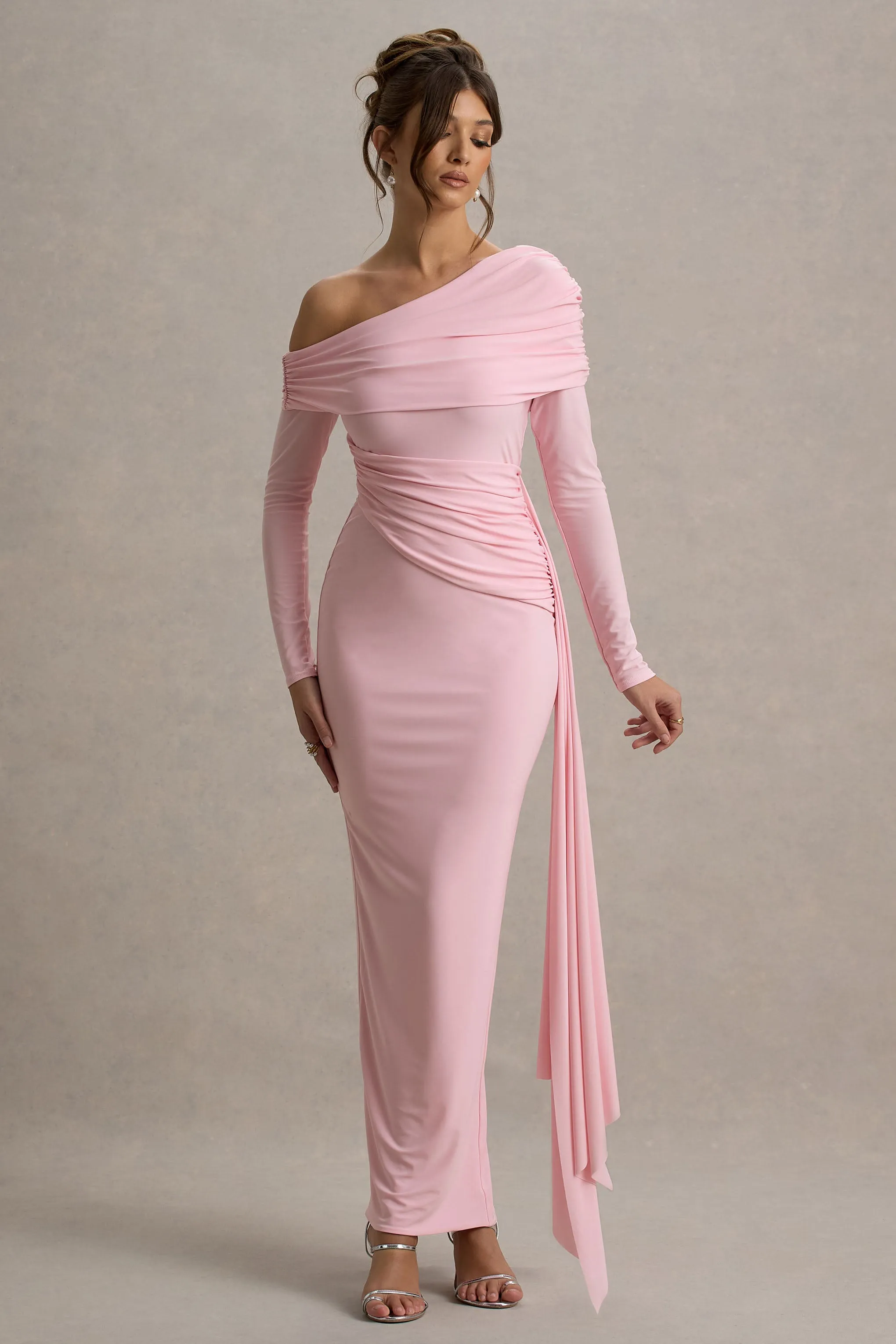 Valina | Pink Ruched Asymmetric Maxi Dress With Drape Club L London