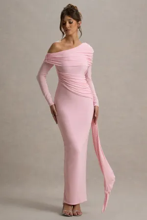 Valina | Pink Ruched Asymmetric Maxi Dress With Drape Club L London