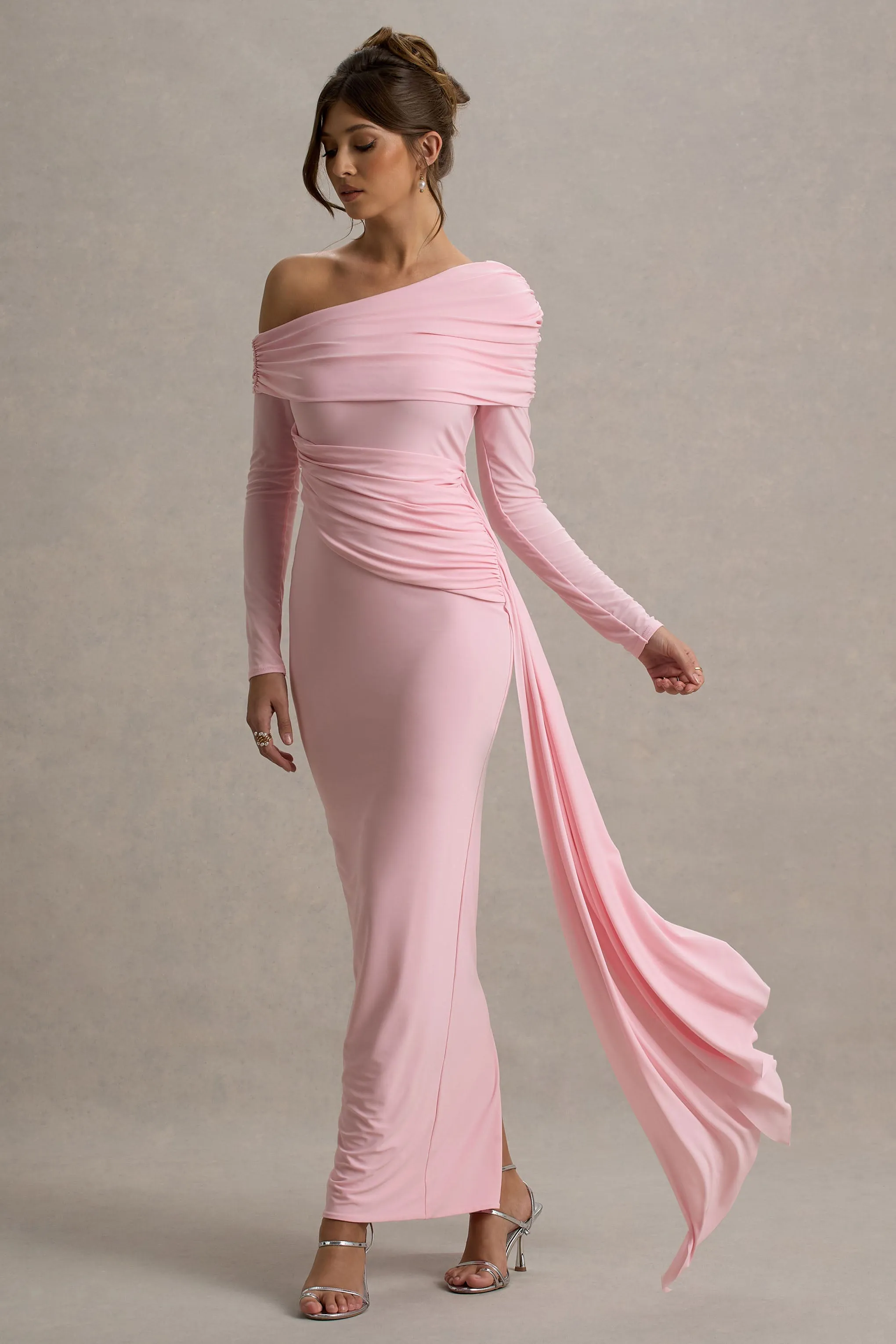Valina | Pink Ruched Asymmetric Maxi Dress With Drape Club L London