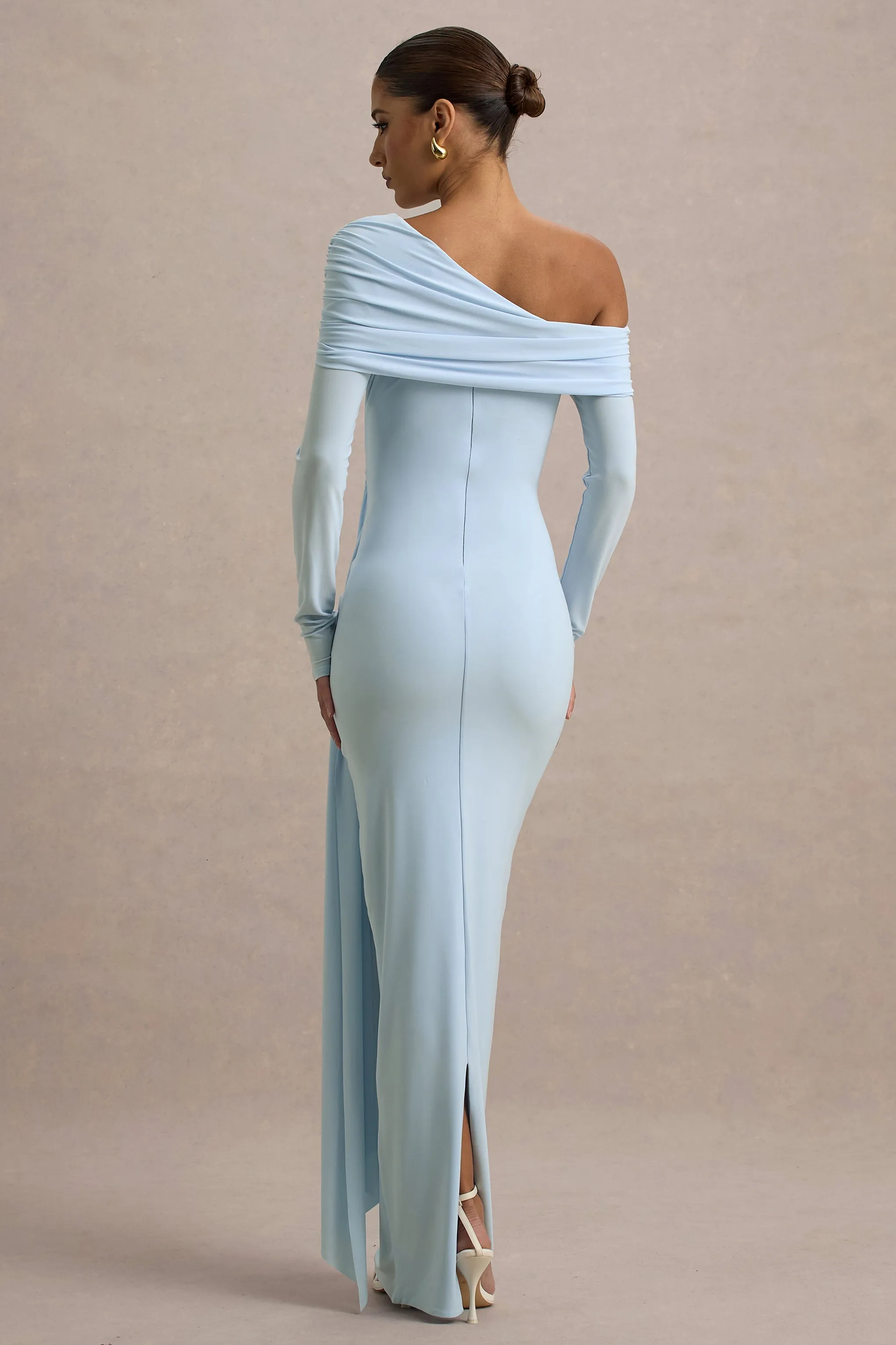 Valina | Powder Blue Ruched Asymmetric Maxi Dress With Drape Club L London