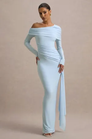 Valina | Powder Blue Ruched Asymmetric Maxi Dress With Drape Club L London