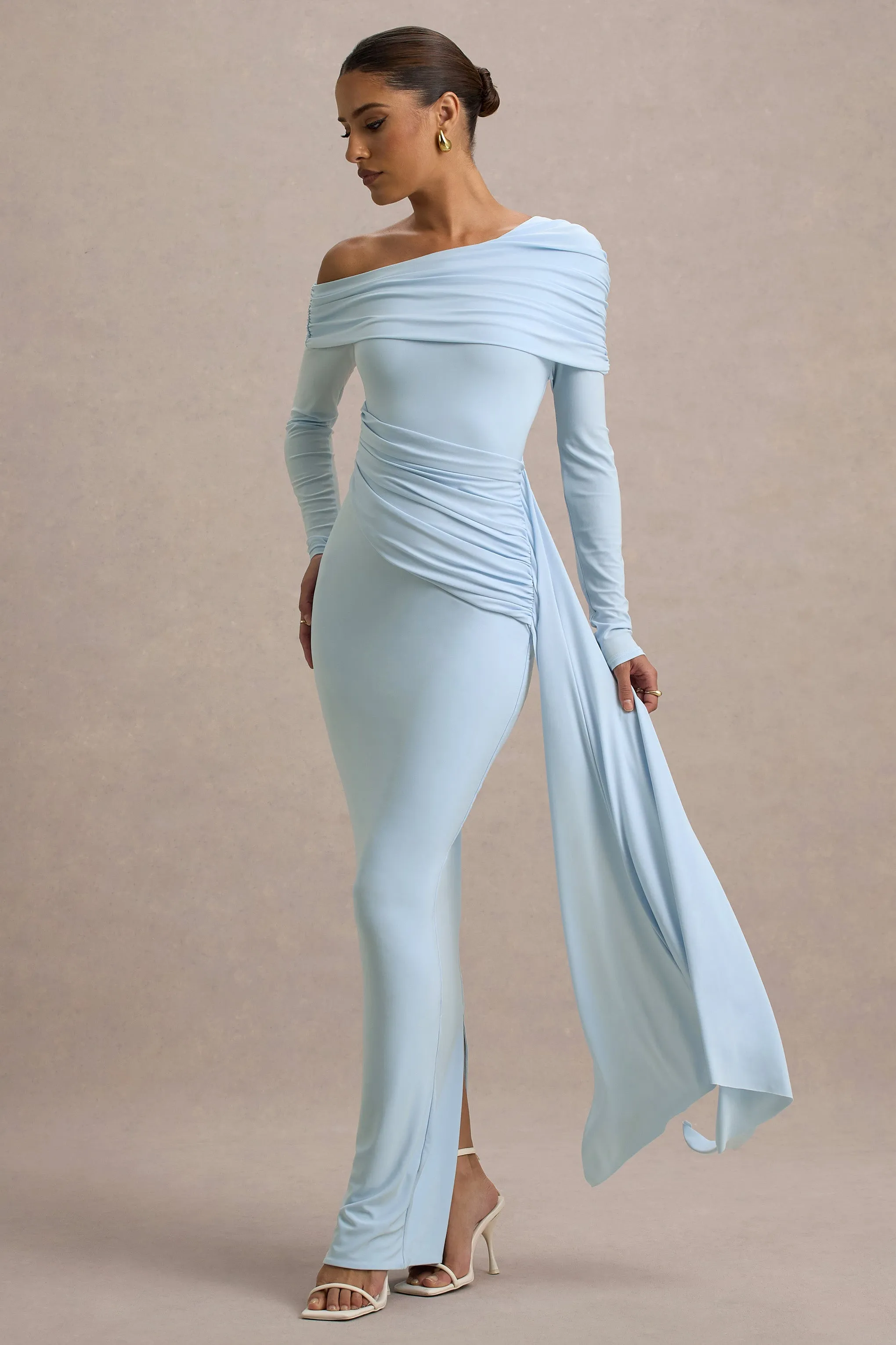 Valina | Powder Blue Ruched Asymmetric Maxi Dress With Drape Club L London