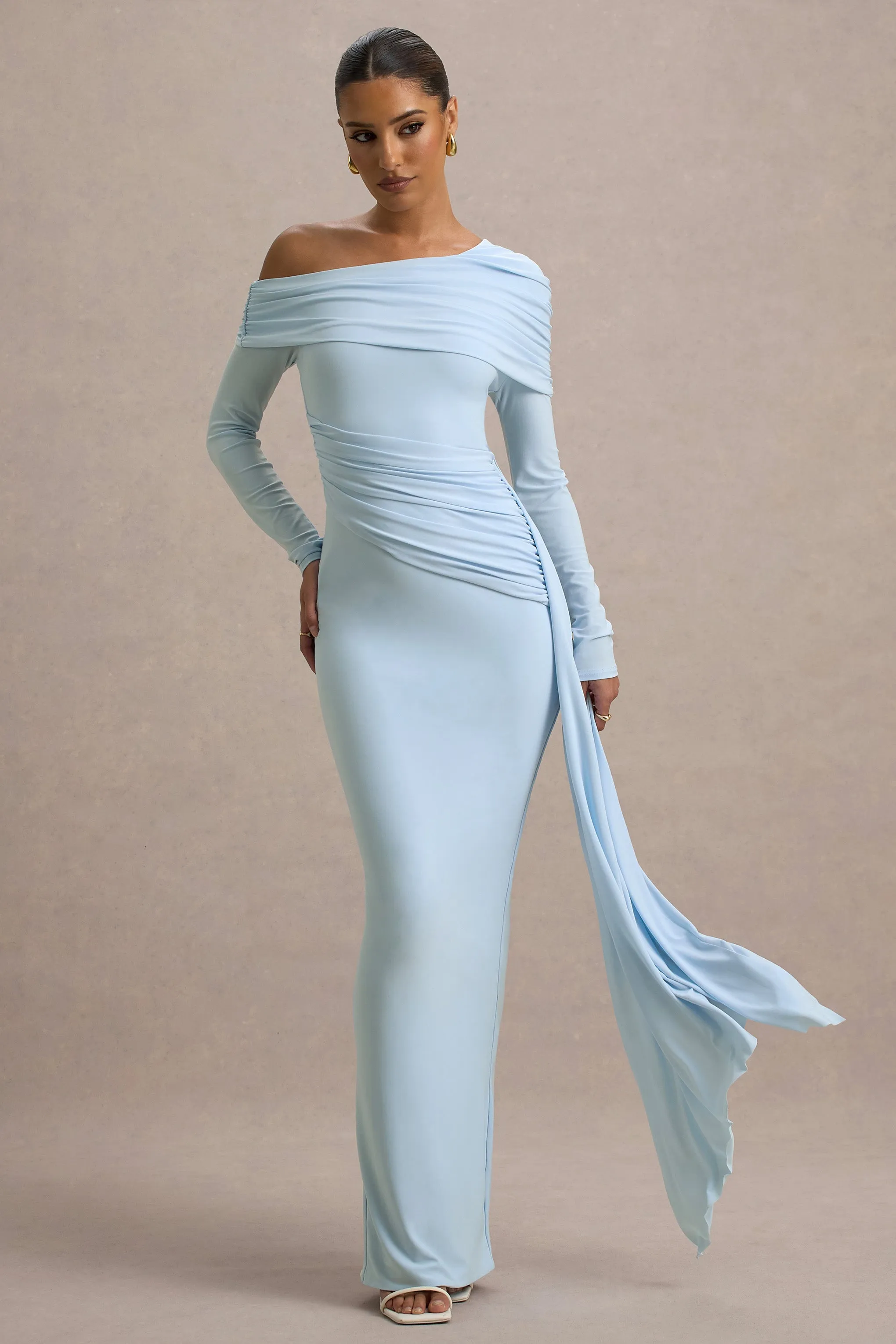 Valina | Powder Blue Ruched Asymmetric Maxi Dress With Drape Club L London