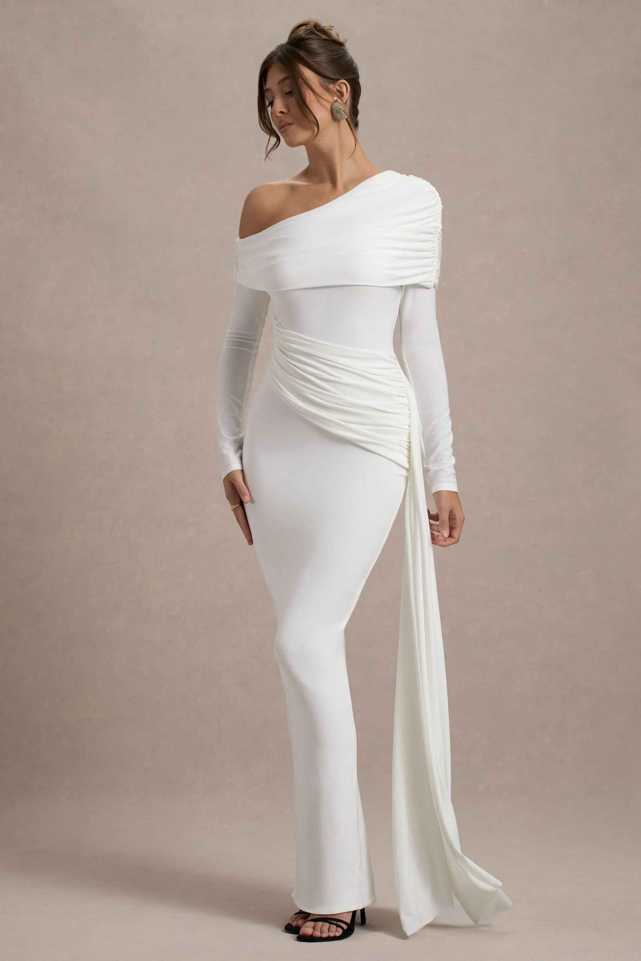 Valina | White Ruched Asymmetric Maxi Dress With Drape Club L London