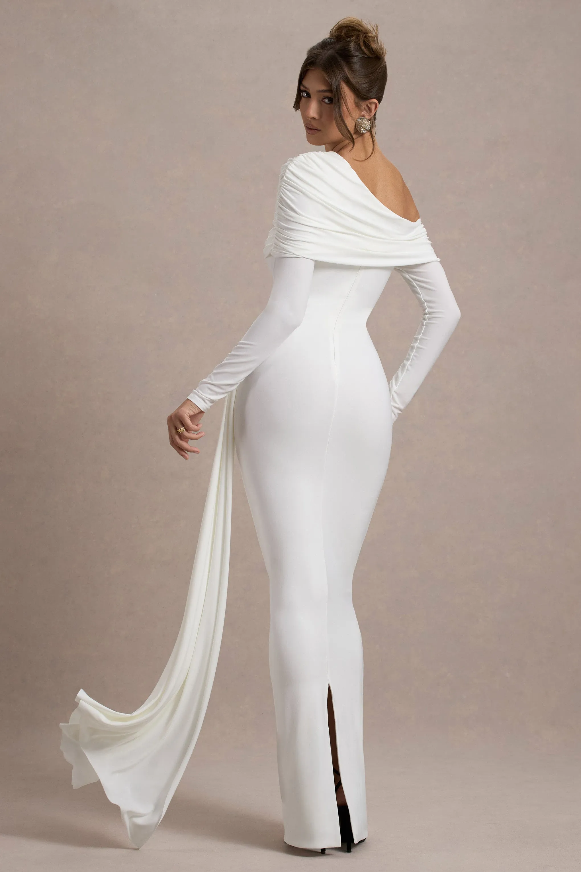Valina | White Ruched Asymmetric Maxi Dress With Drape Club L London