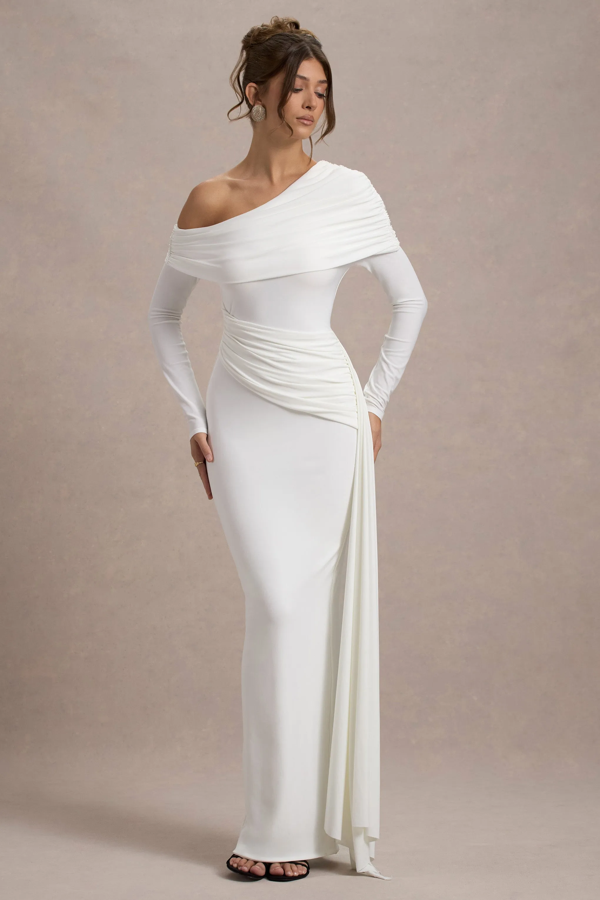 Valina | White Ruched Asymmetric Maxi Dress With Drape Club L London