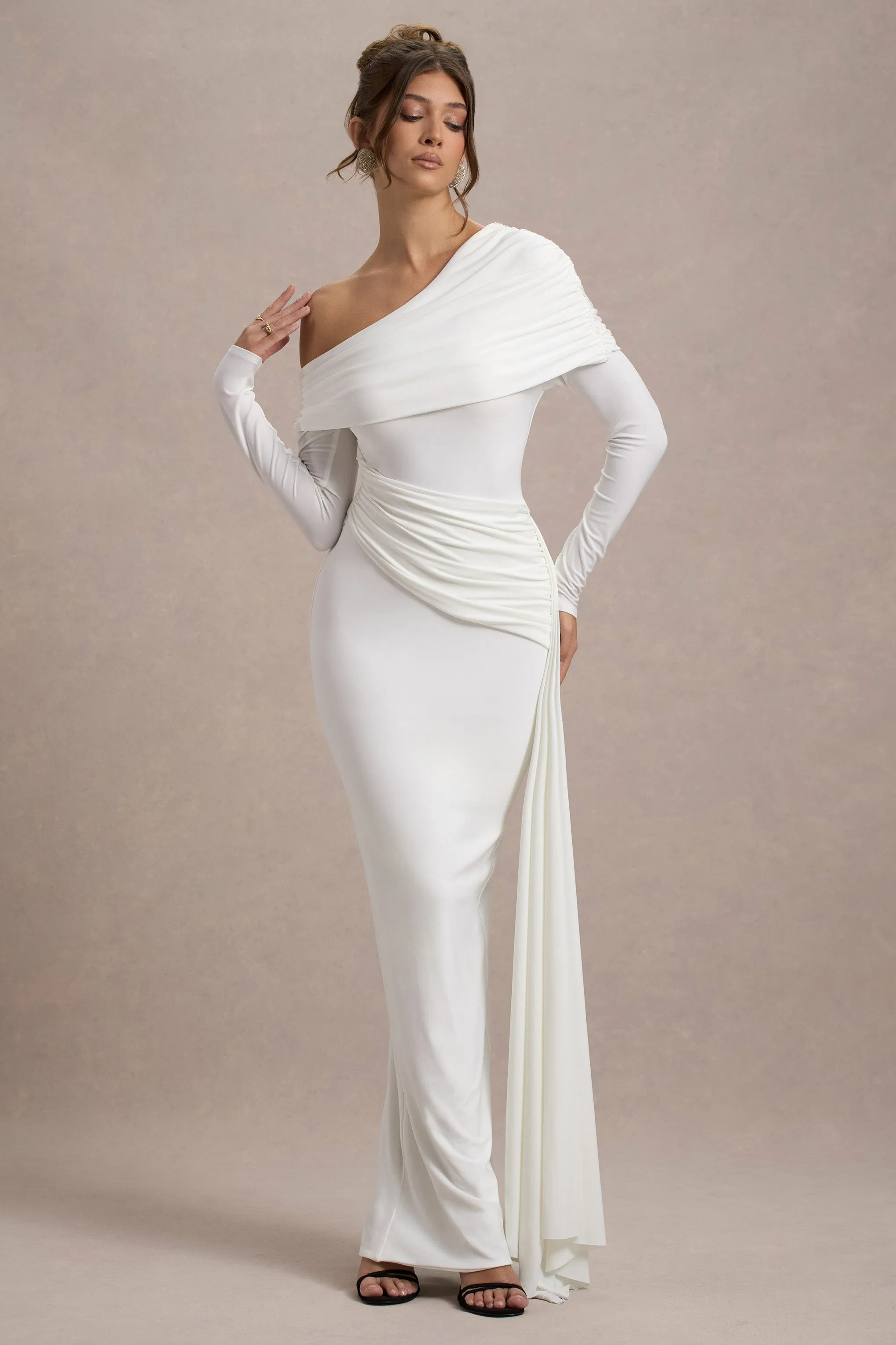 Valina | White Ruched Asymmetric Maxi Dress With Drape Club L London