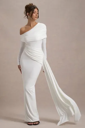 Valina | White Ruched Asymmetric Maxi Dress With Drape Club L London