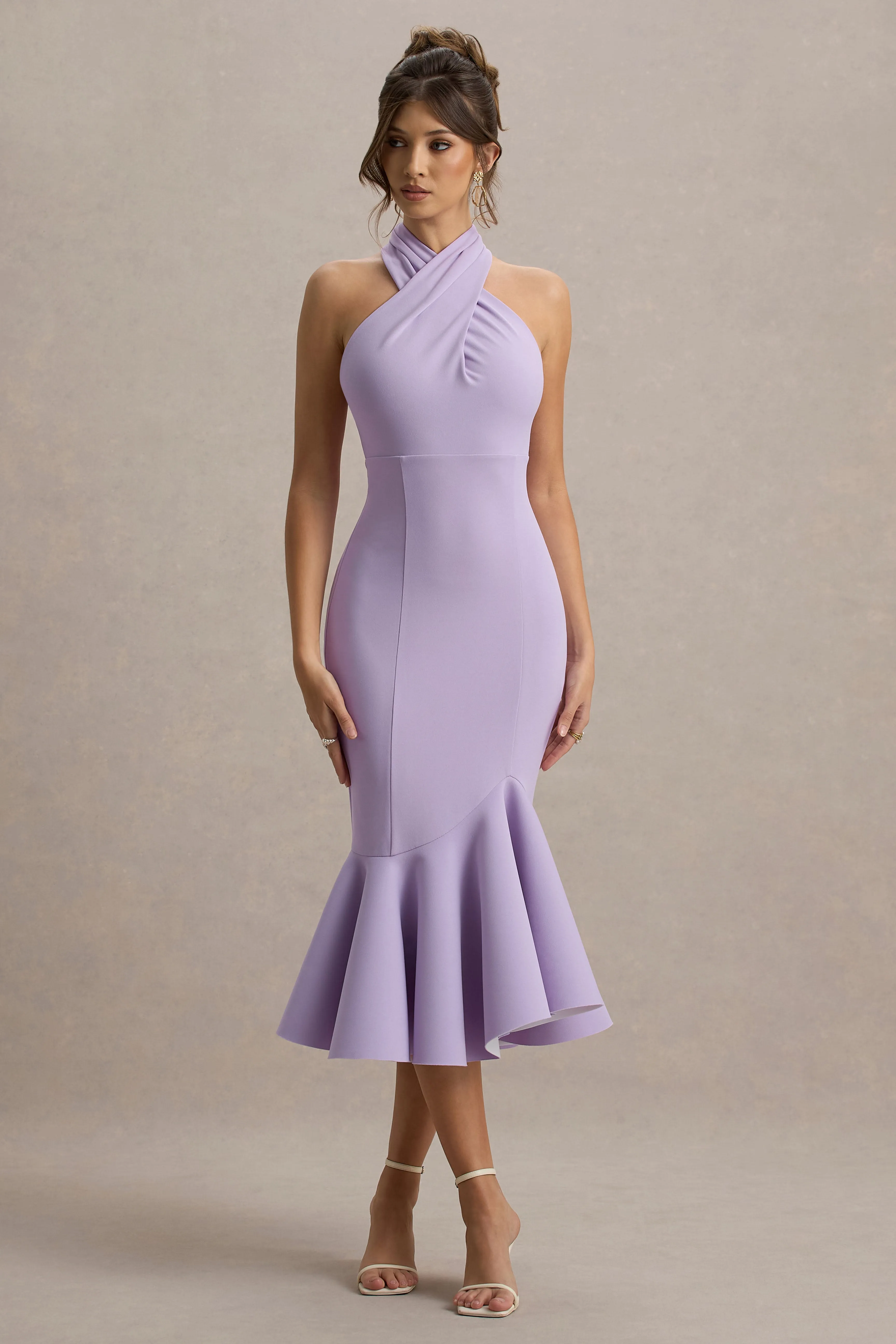 Valletta | Lilac Halter-Neck Ruffle-Trim Midi Dress Club L London