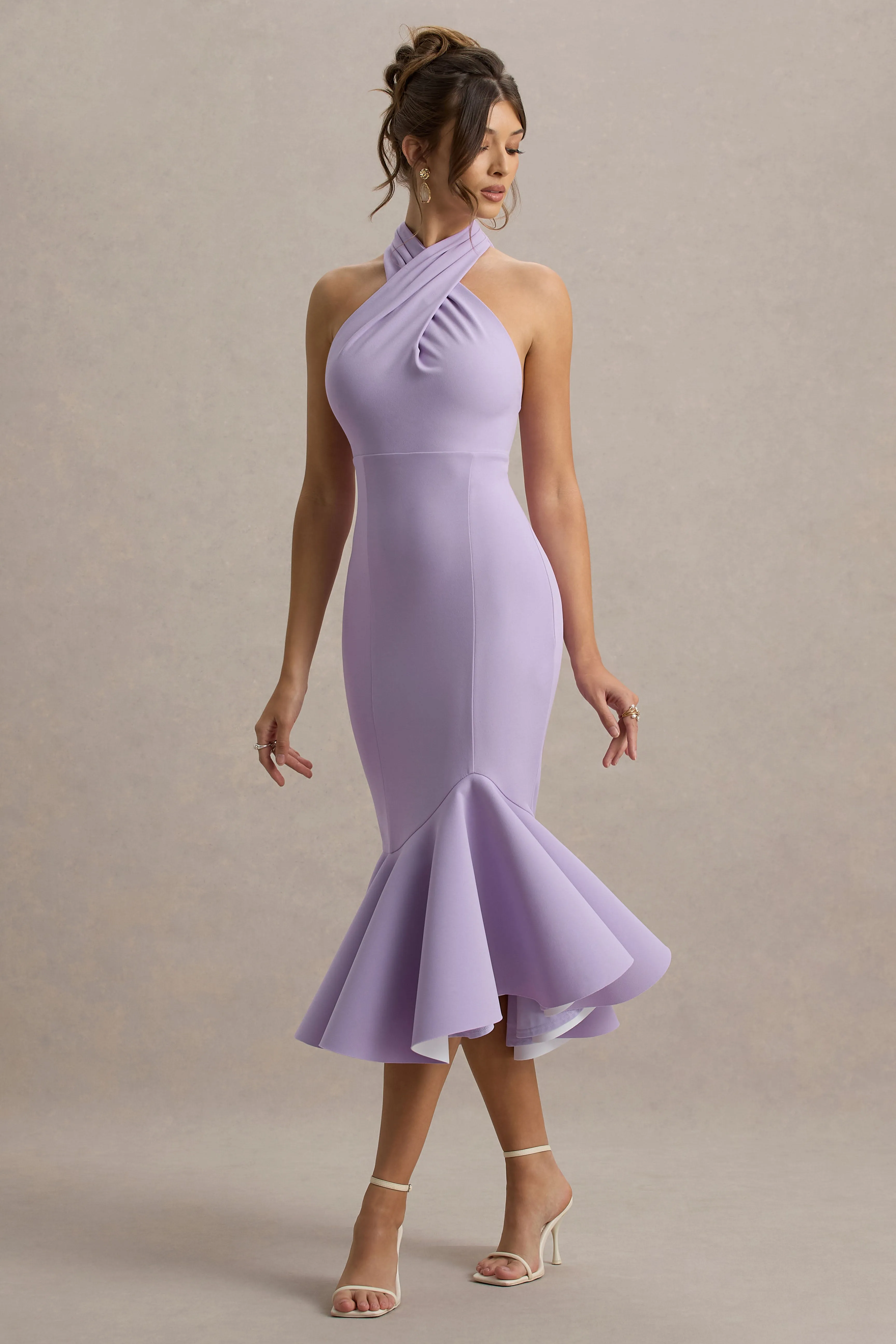 Valletta | Lilac Halter-Neck Ruffle-Trim Midi Dress Club L London