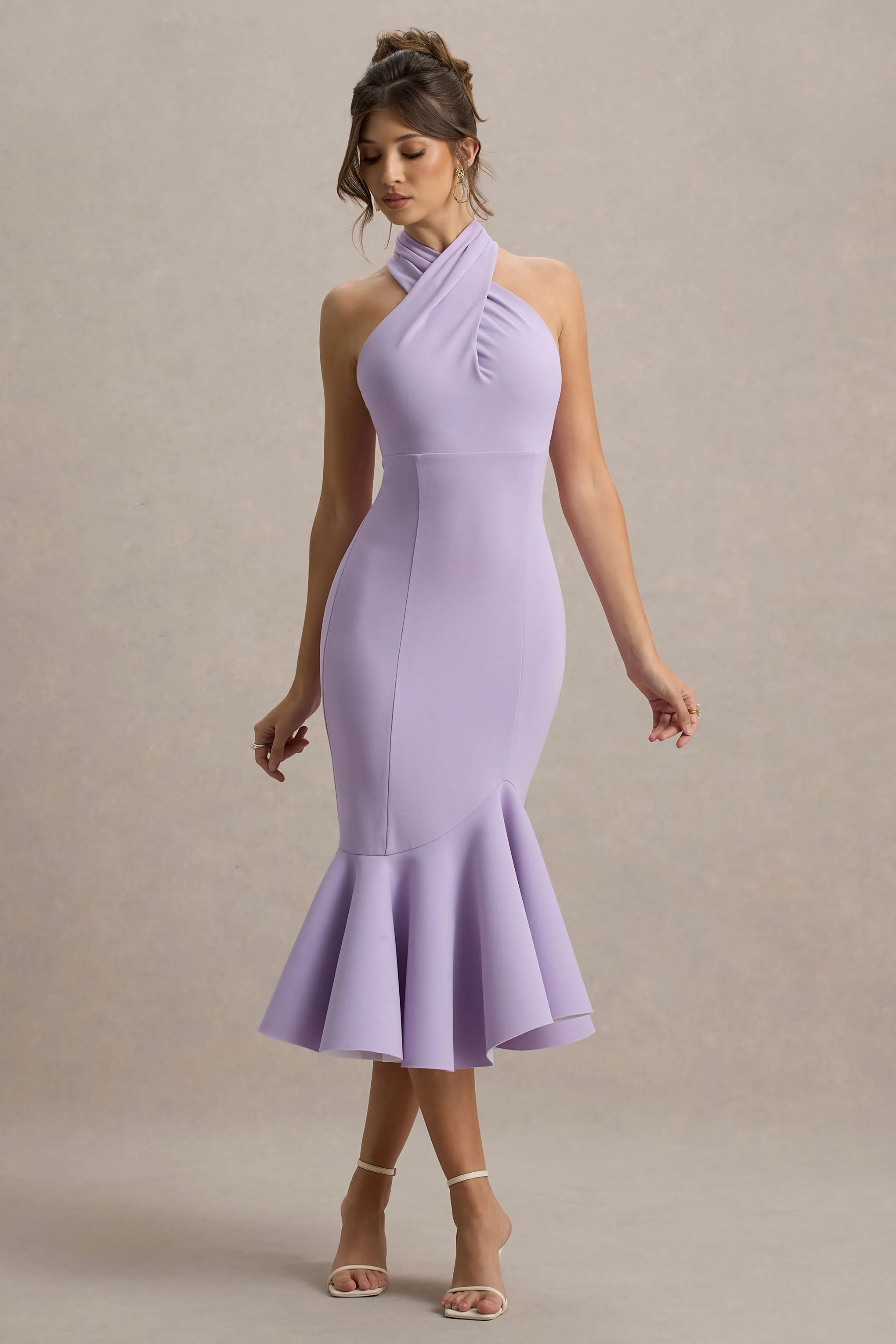 Valletta | Lilac Halter-Neck Ruffle-Trim Midi Dress Club L London