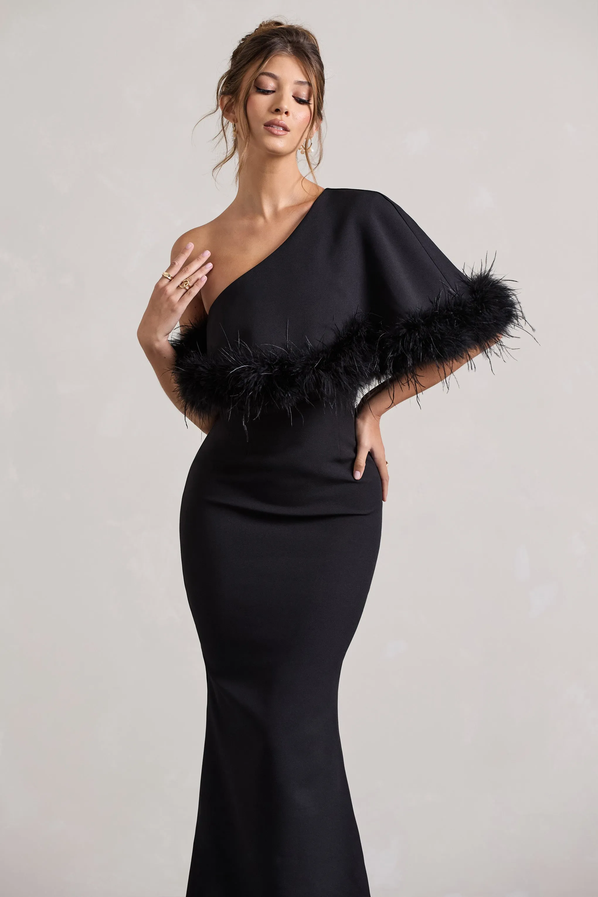 Valor | Black Asymmetric Maxi Dress With Feather Trim Club L London