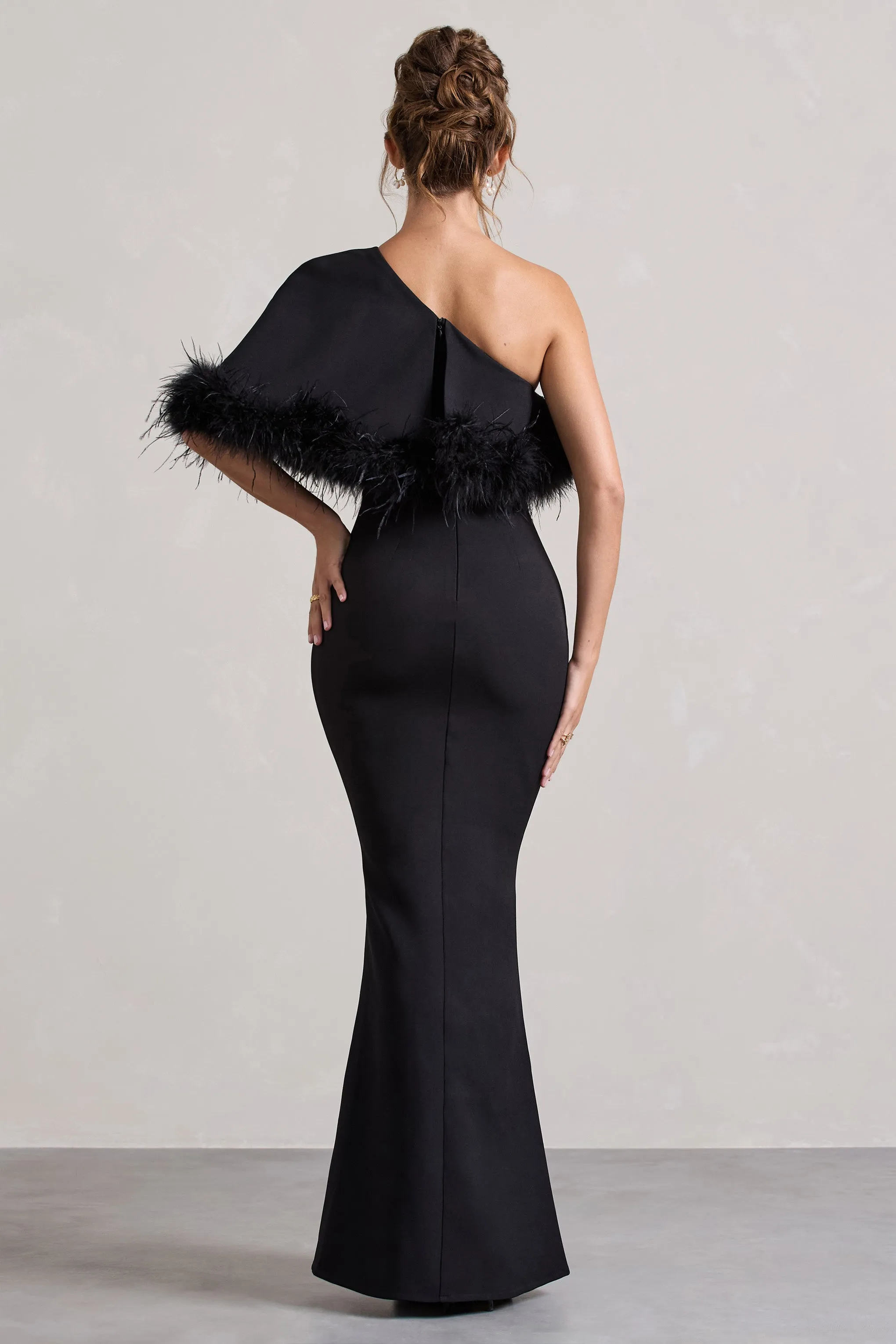 Valor | Black Asymmetric Maxi Dress With Feather Trim Club L London