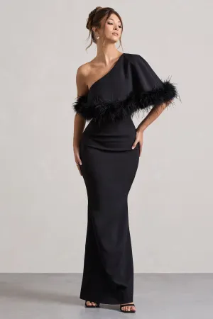 Valor | Black Asymmetric Maxi Dress With Feather Trim Club L London