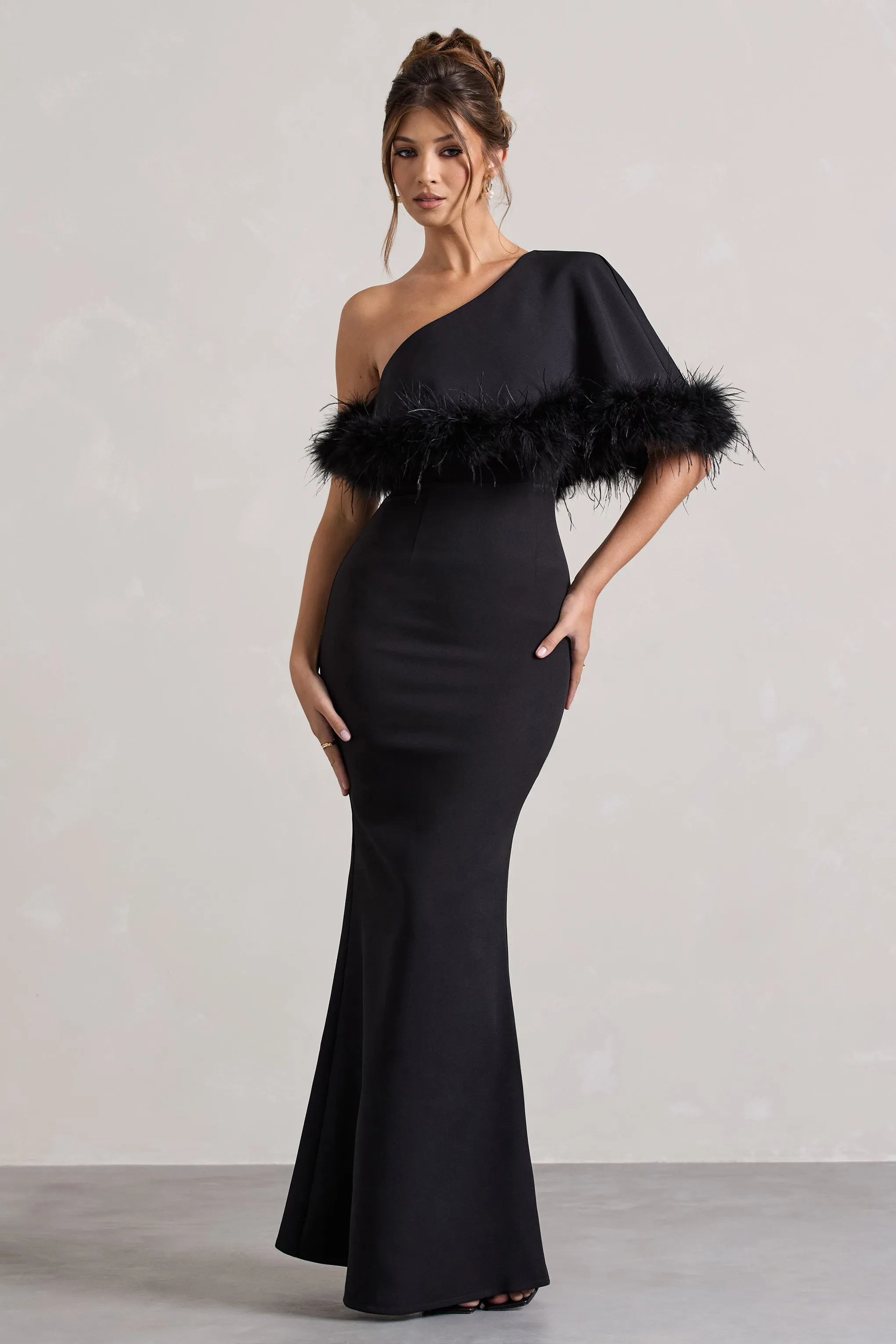 Valor | Black Asymmetric Maxi Dress With Feather Trim Club L London