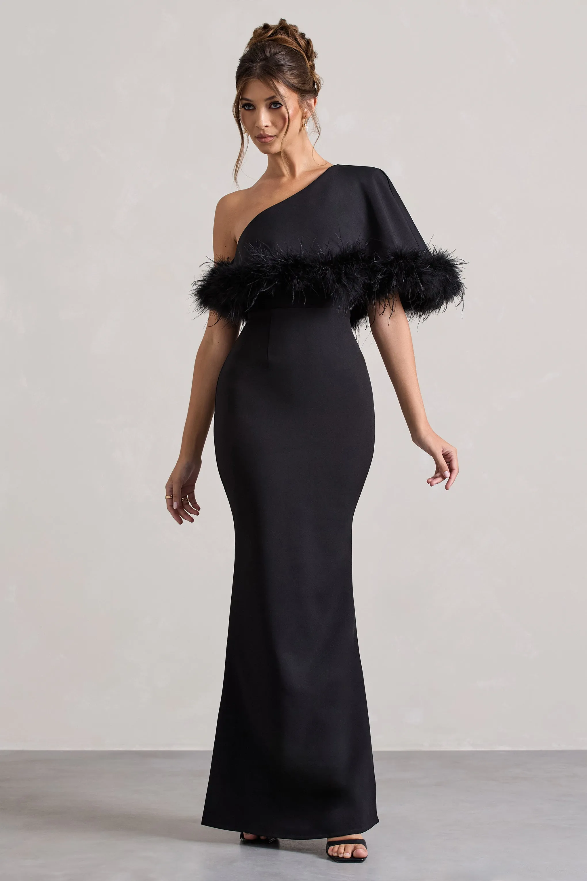 Valor | Black Asymmetric Maxi Dress With Feather Trim Club L London