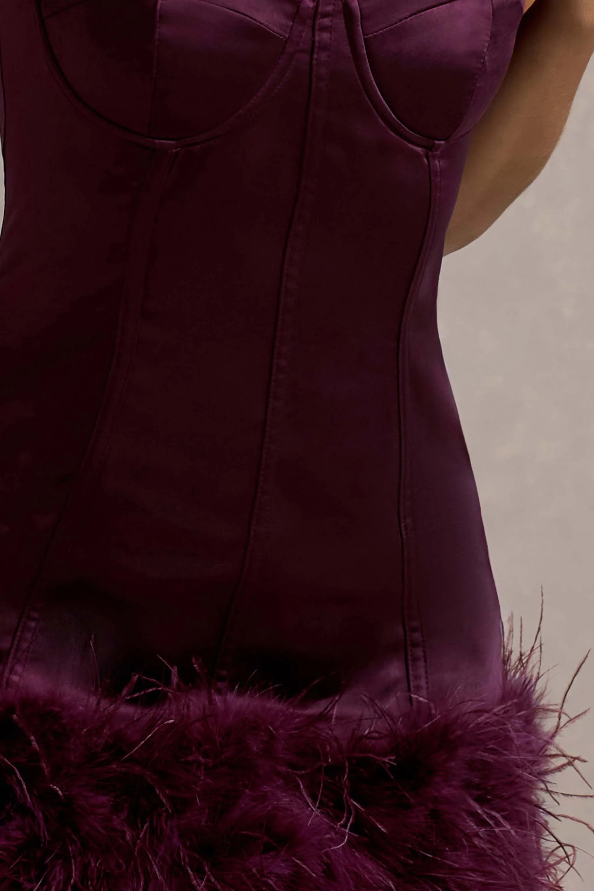Vampira | Burgundy Satin Corset Feather Mini Dress Club L London