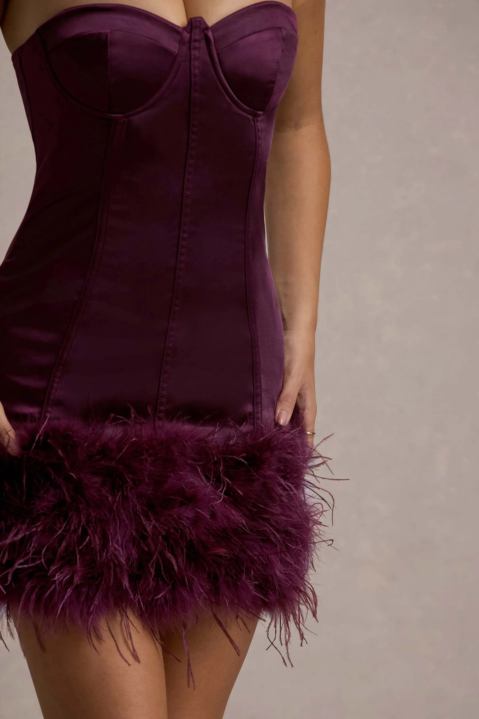 Vampira | Burgundy Satin Corset Feather Mini Dress Club L London