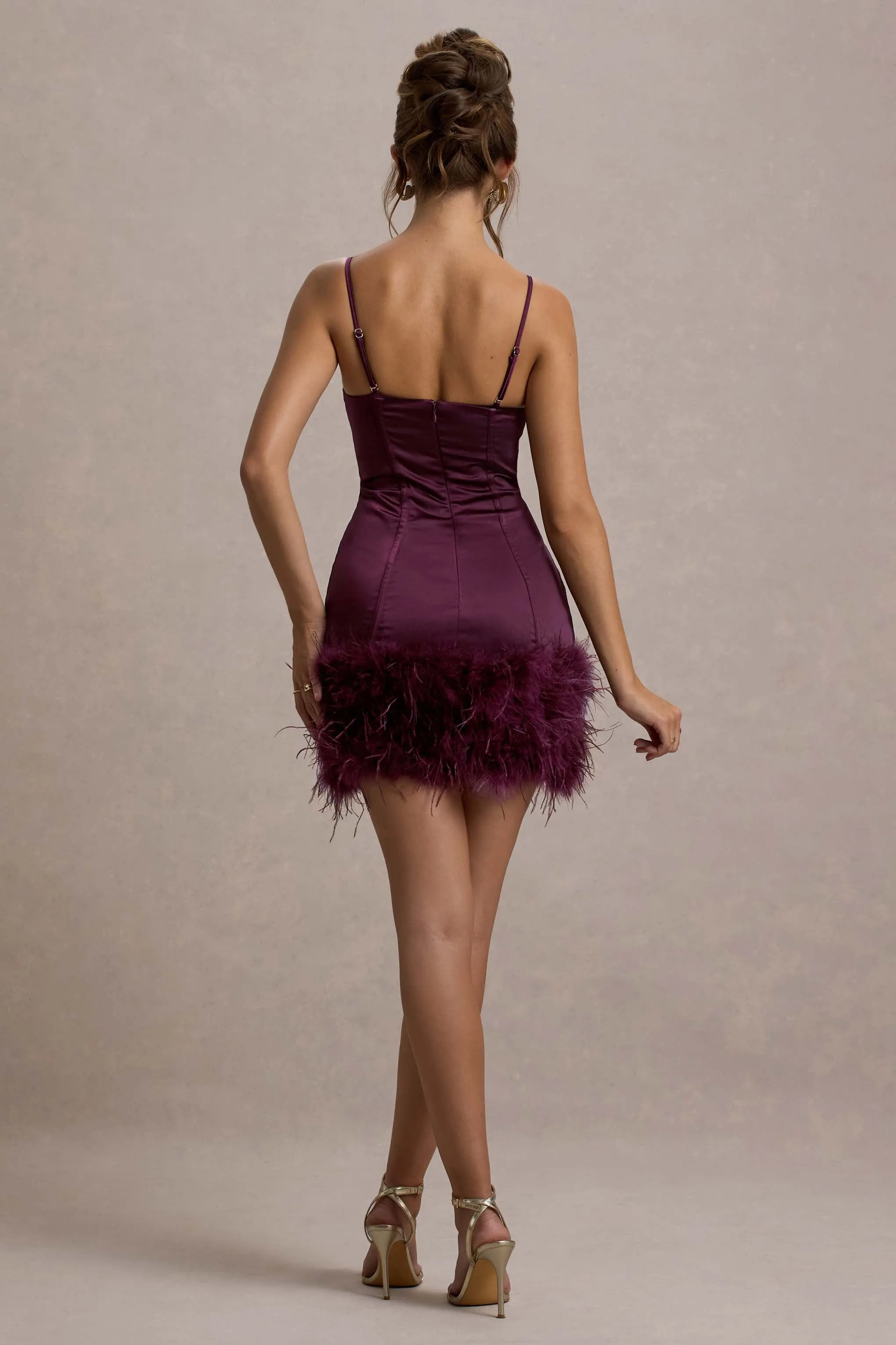 Vampira | Burgundy Satin Corset Feather Mini Dress Club L London