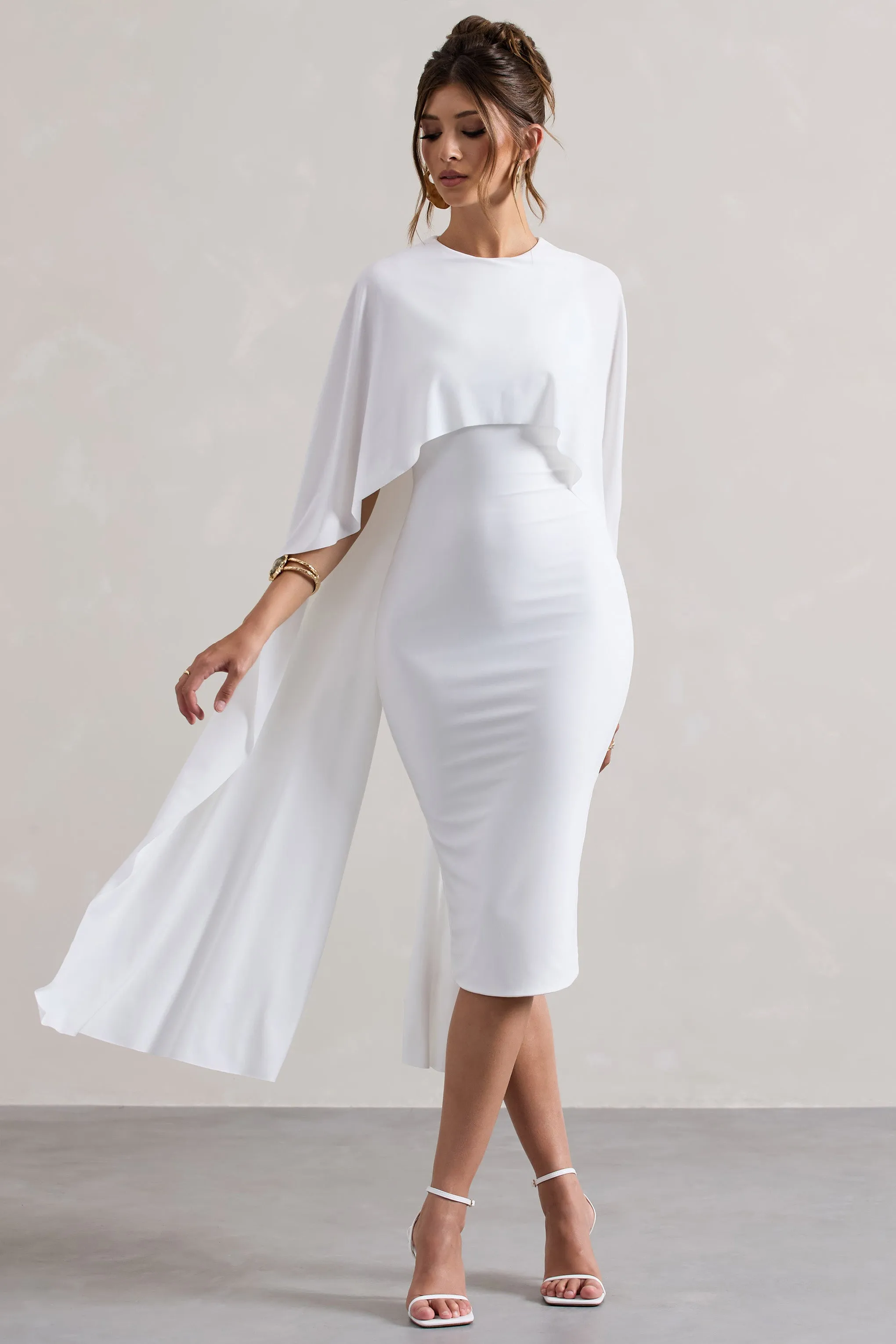 Vana | White Draped Midi Dress With Cape Sleeves Club L London