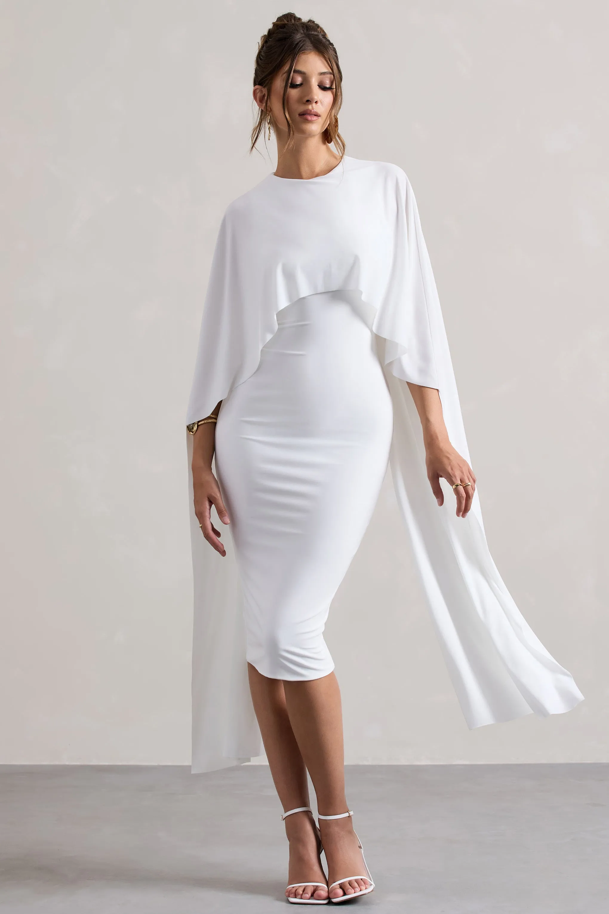 Vana | White Draped Midi Dress With Cape Sleeves Club L London