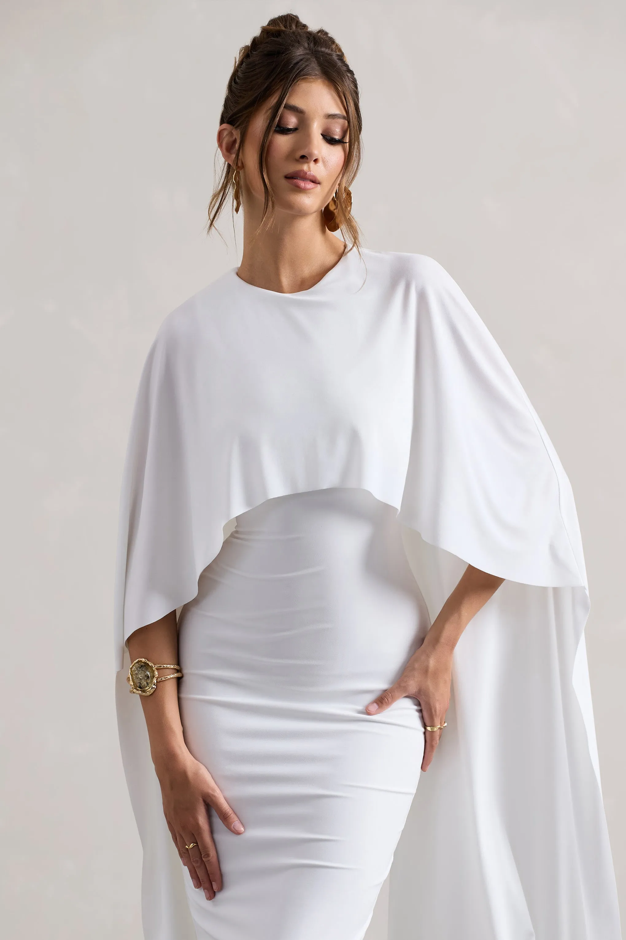 Vana | White Draped Midi Dress With Cape Sleeves Club L London