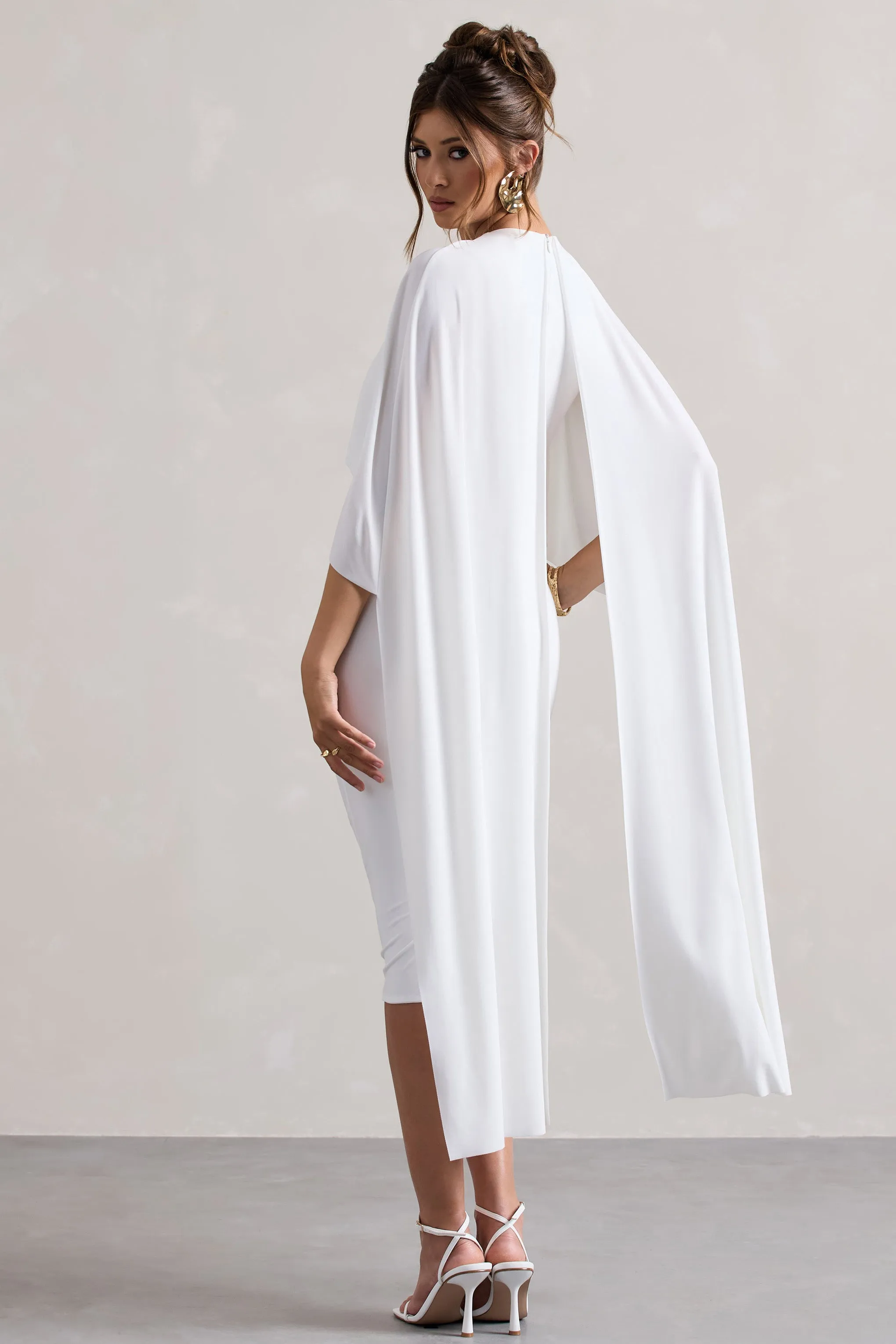 Vana | White Draped Midi Dress With Cape Sleeves Club L London