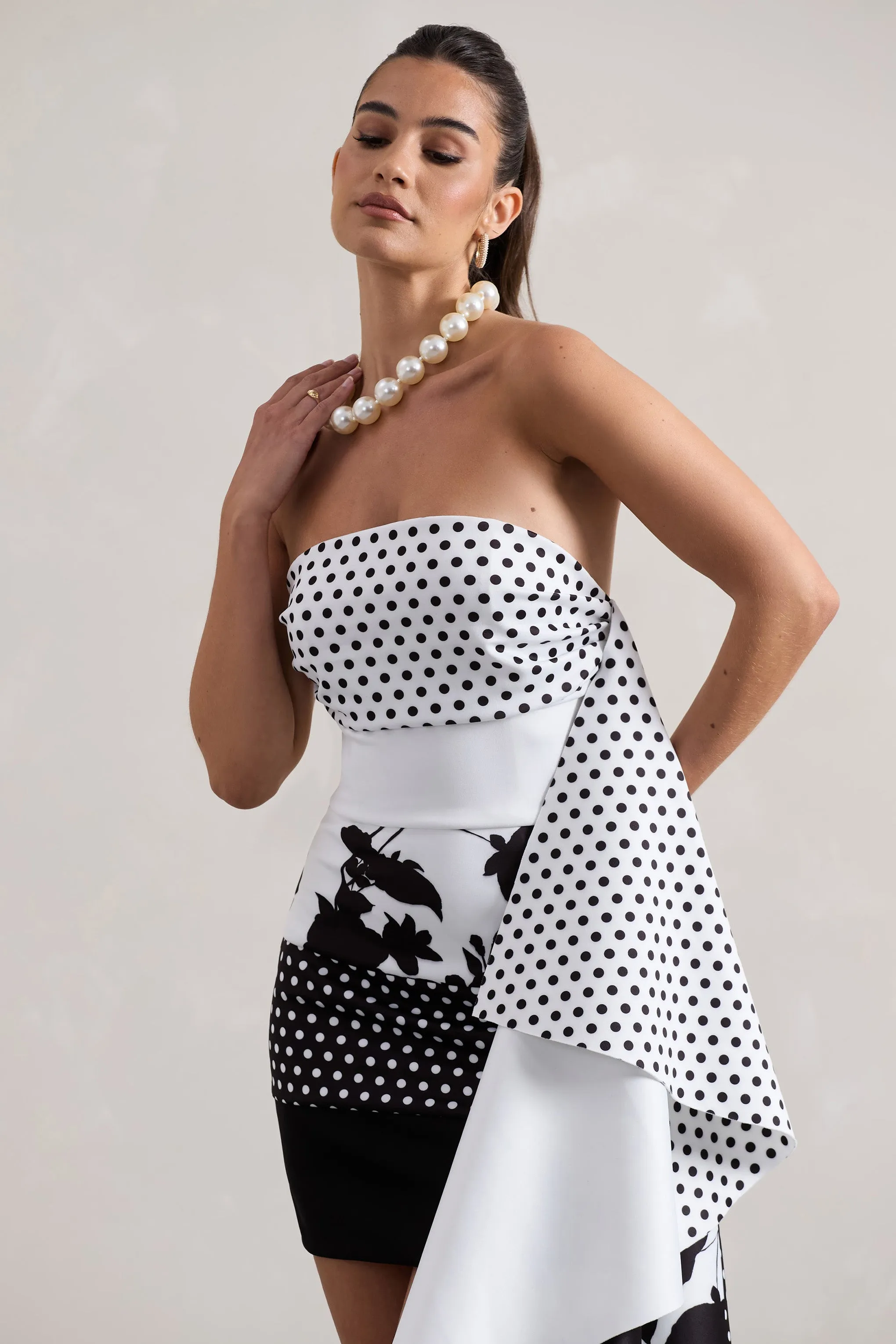 Variety | Multi Print Bandeau Mini Dress With Ruffled Side Drape Club L London