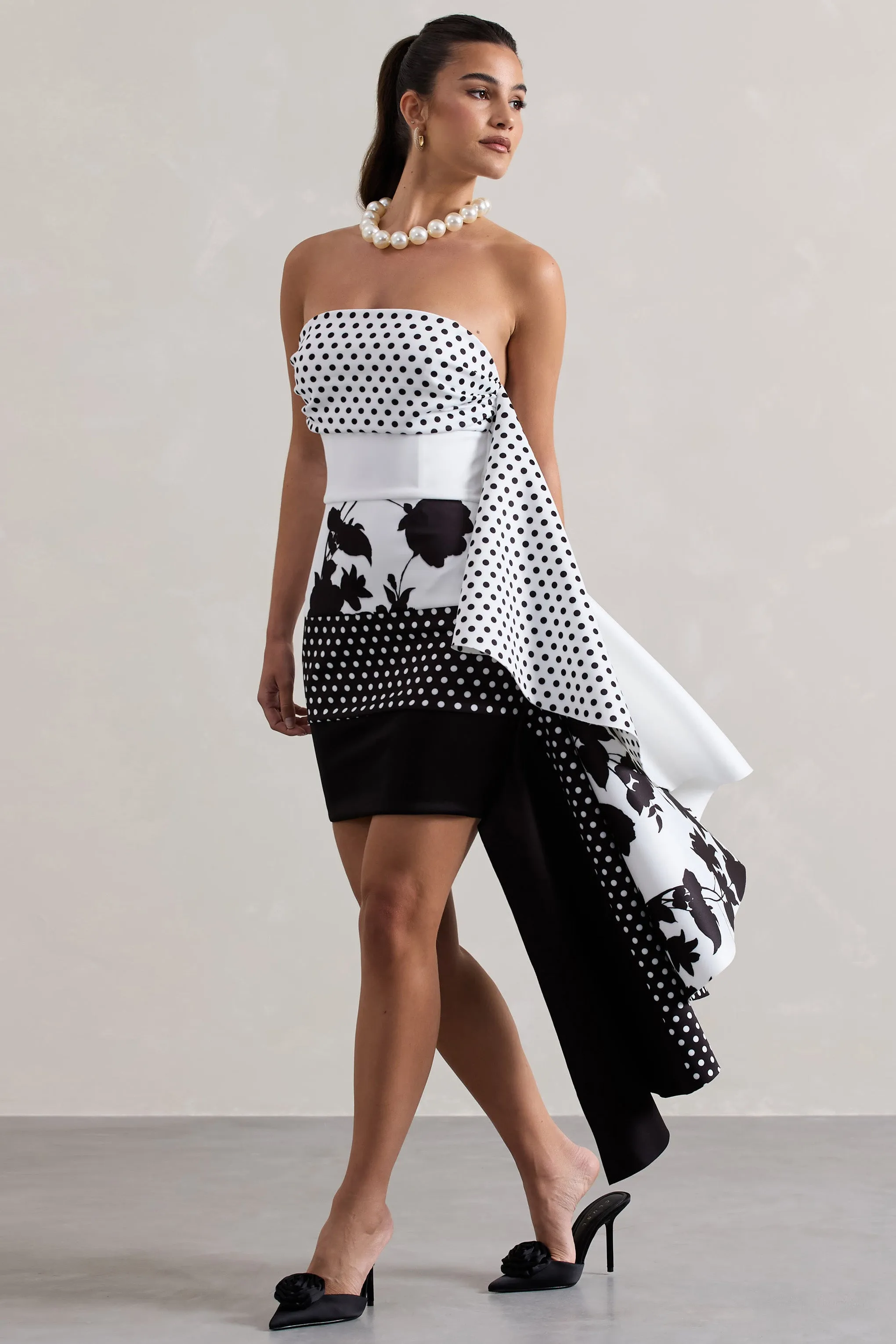 Variety | Multi Print Bandeau Mini Dress With Ruffled Side Drape Club L London