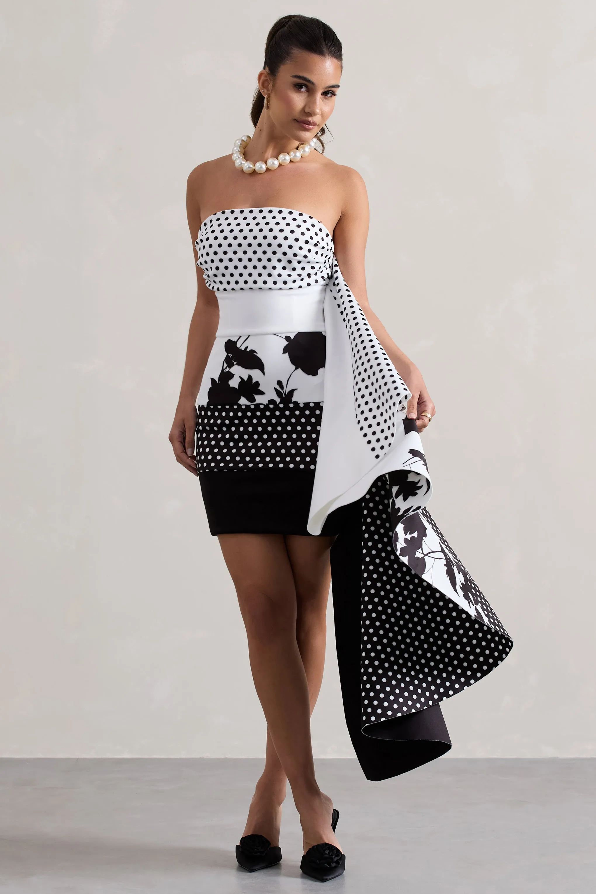 Variety | Multi Print Bandeau Mini Dress With Ruffled Side Drape Club L London