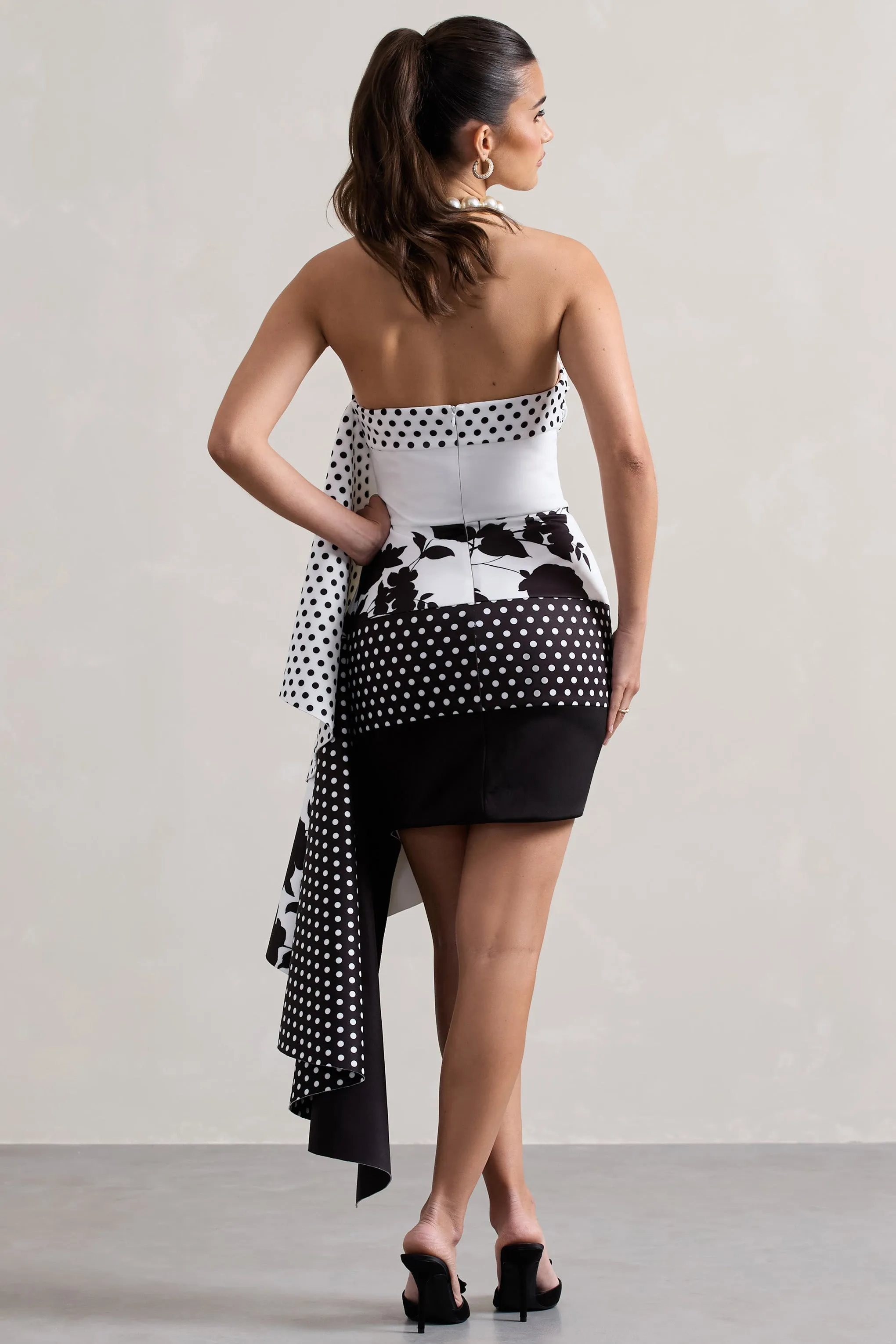 Variety | Multi Print Bandeau Mini Dress With Ruffled Side Drape Club L London