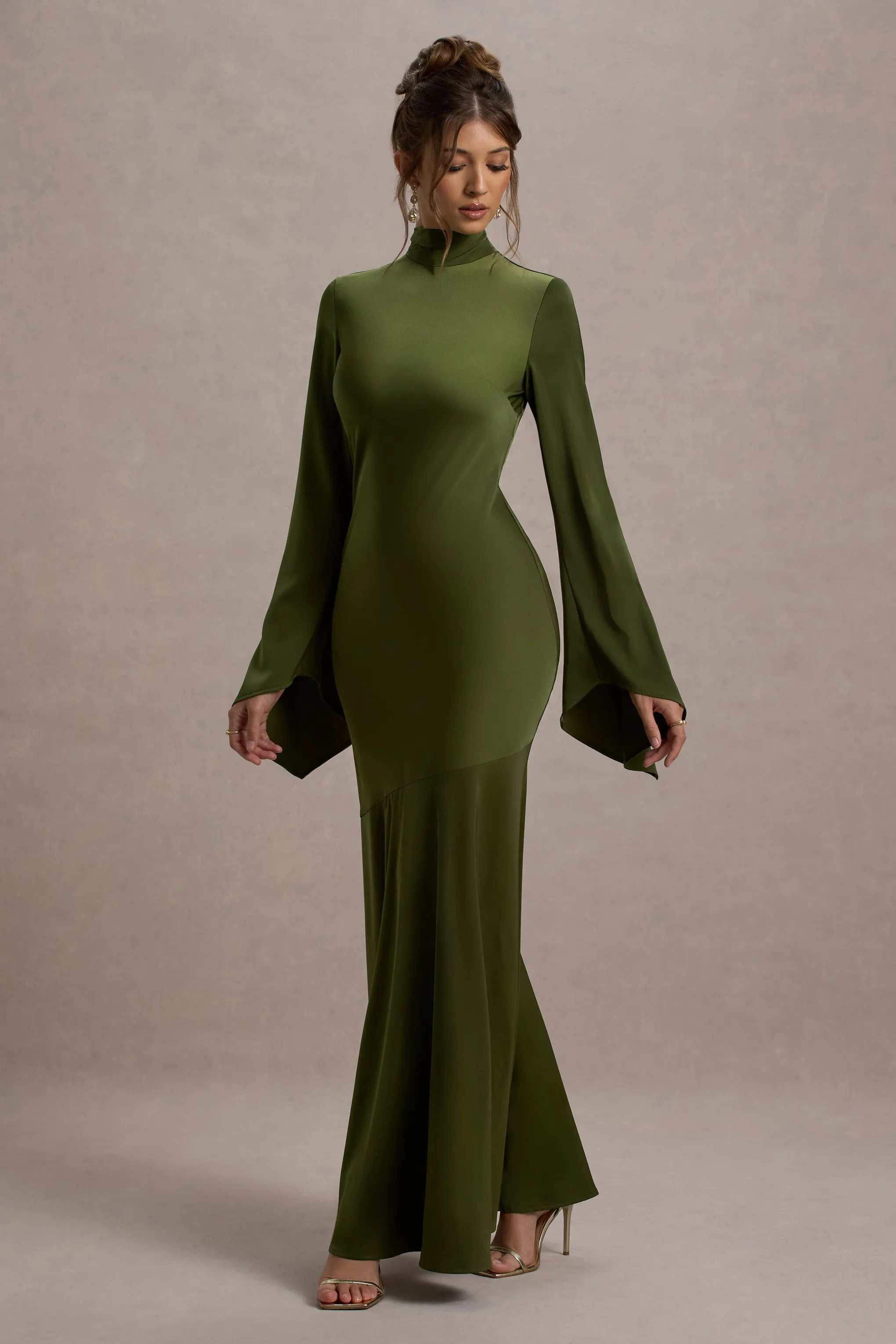 Veena | Olive Green Satin High-Neck Maxi Dress Club L London