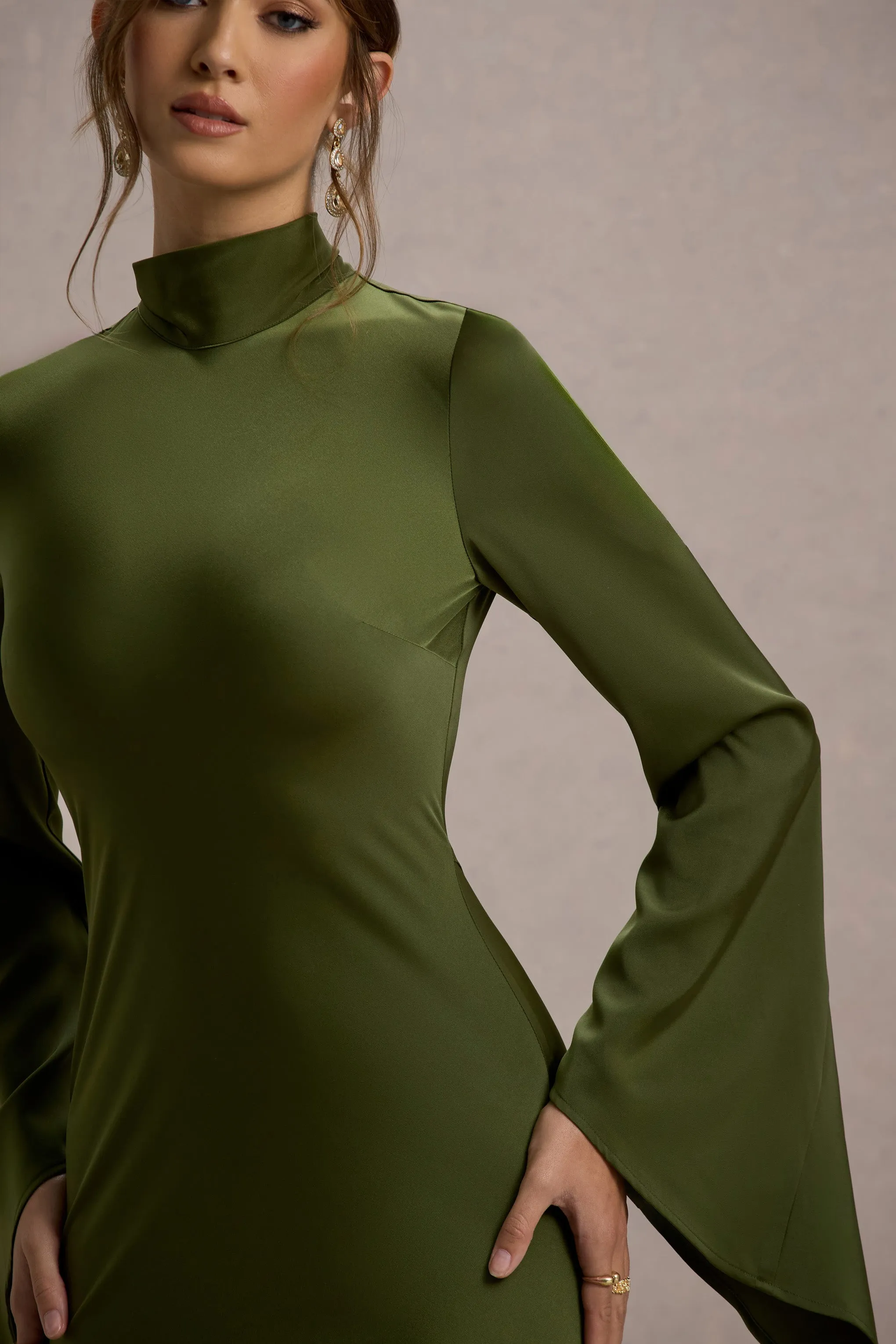 Veena | Olive Green Satin High-Neck Maxi Dress Club L London