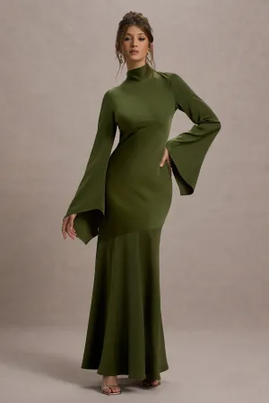 Veena | Olive Green Satin High-Neck Maxi Dress Club L London