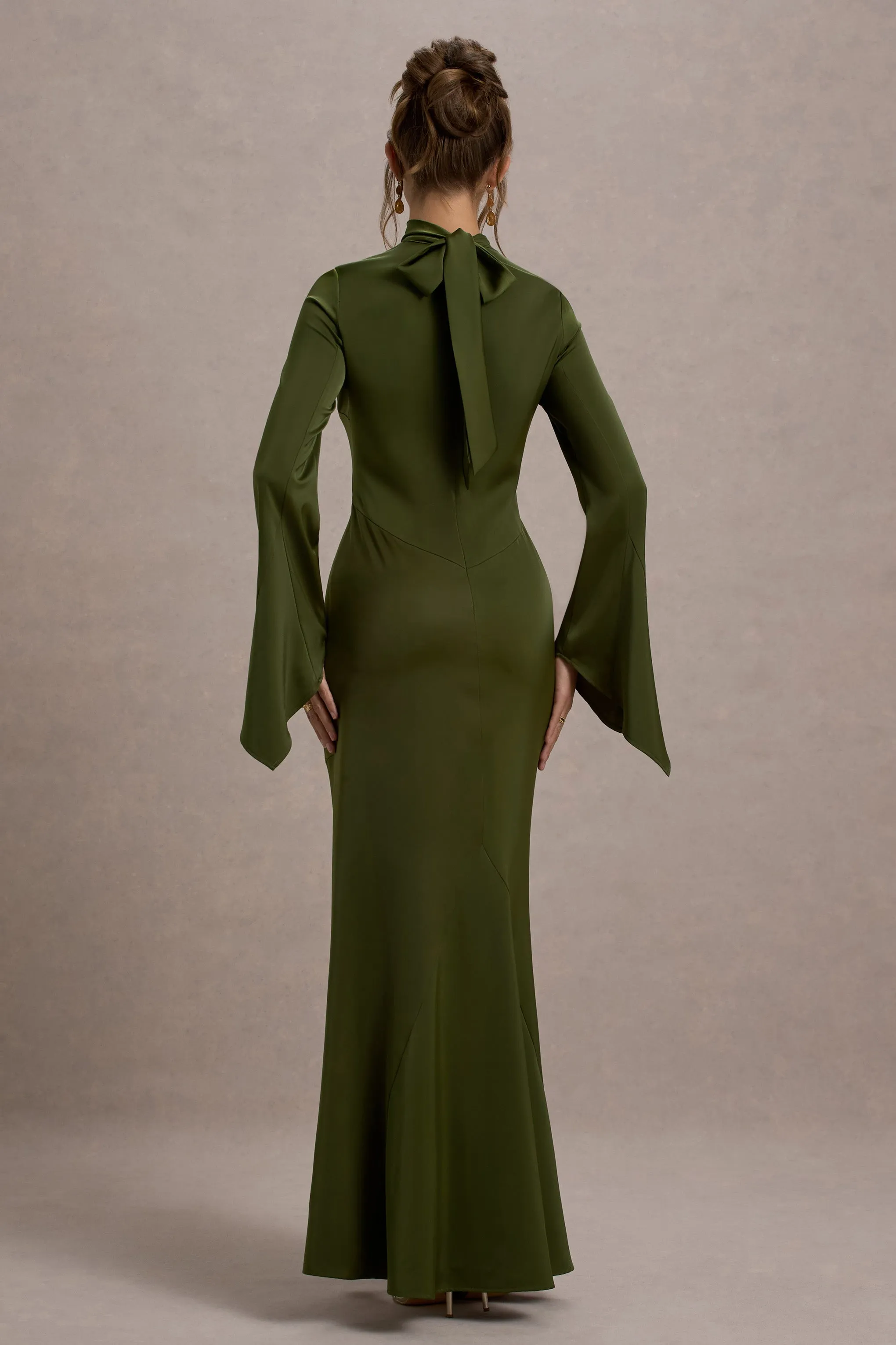 Veena | Olive Green Satin High-Neck Maxi Dress Club L London