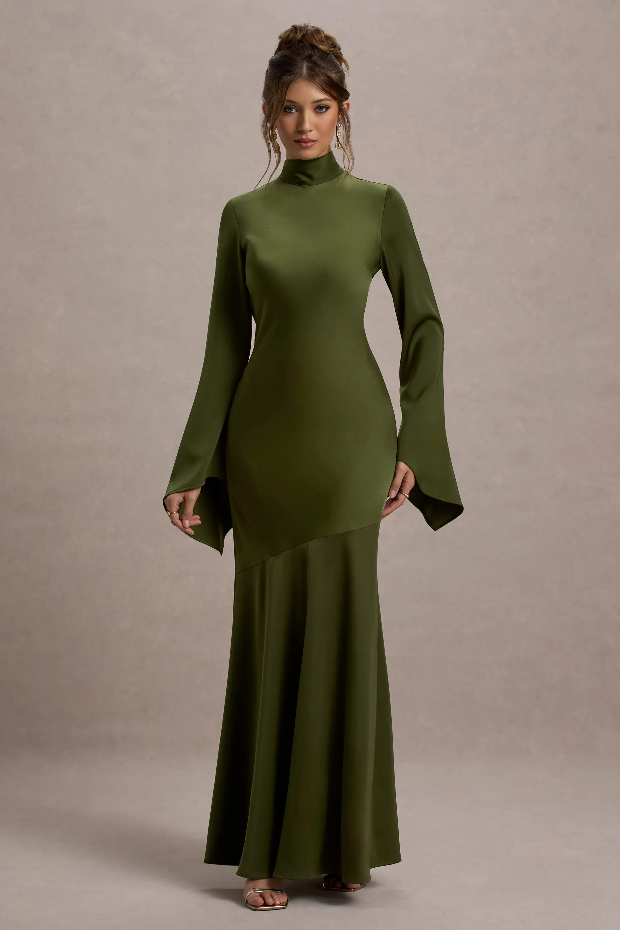 Veena | Olive Green Satin High-Neck Maxi Dress Club L London